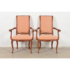 Baker Furniture French Provincial Louis XV Carved Walnut Armchairs, Pair