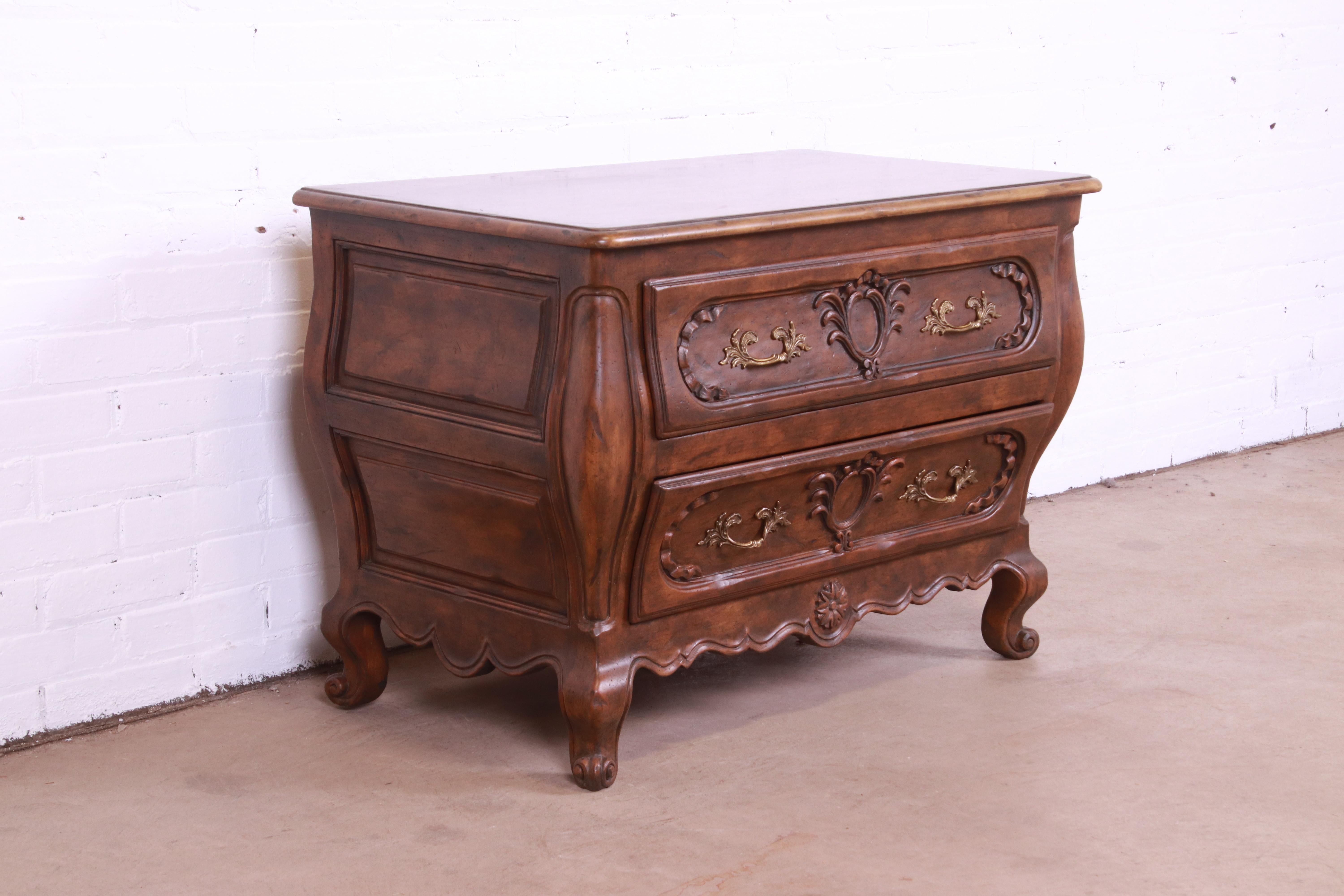 Brass Baker Furniture French Provincial Louis XV Carved Walnut Chest of Drawers For Sale