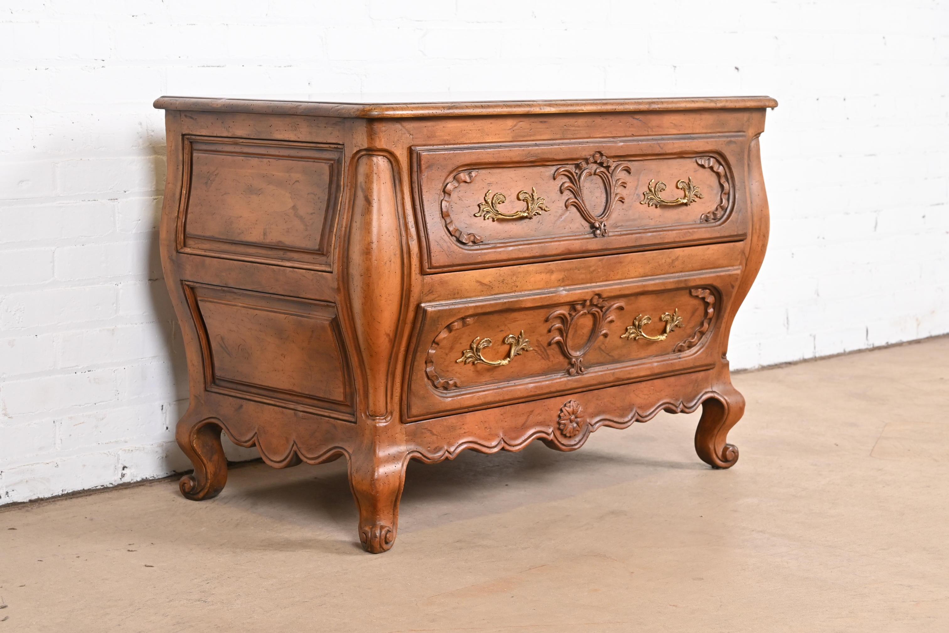 Brass Baker Furniture French Provincial Louis XV Carved Walnut Chest of Drawers For Sale
