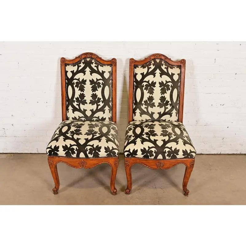 American Baker Furniture French Provincial Louis XV Carved Walnut Dining Chairs, Pair For Sale