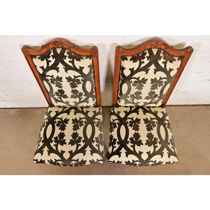 Upholstery Baker Furniture French Provincial Louis XV Carved Walnut Dining Chairs, Pair For Sale