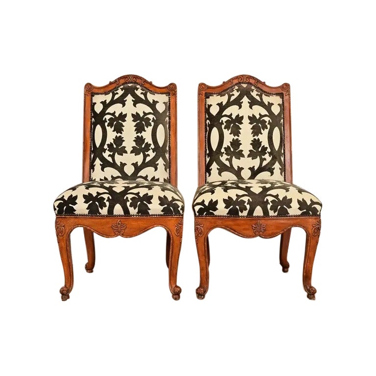 Baker Furniture French Provincial Louis XV Carved Walnut Dining Chairs, Pair