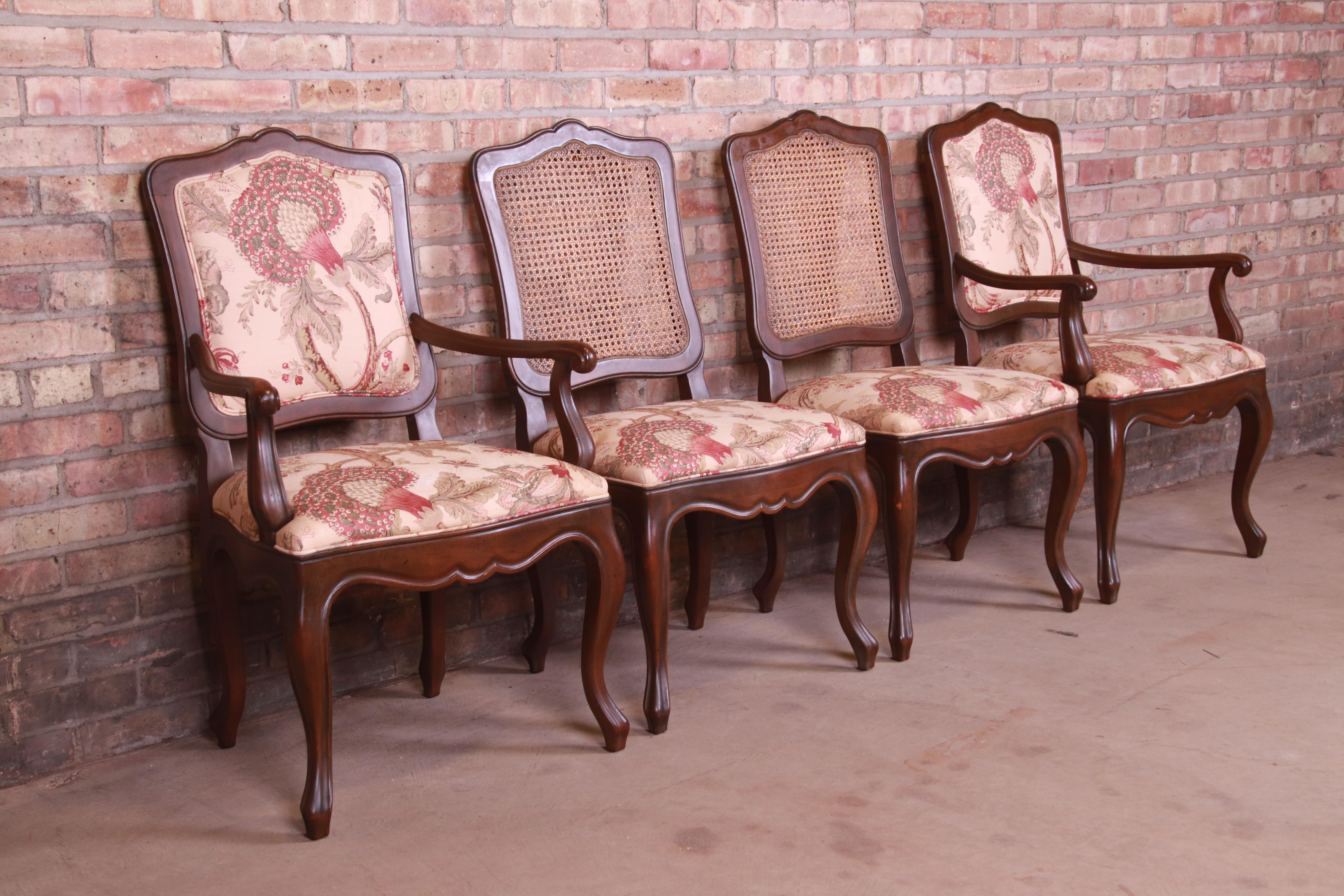 American Baker Furniture French Provincial Louis XV Carved Walnut Dining Chairs, Set of 4 For Sale