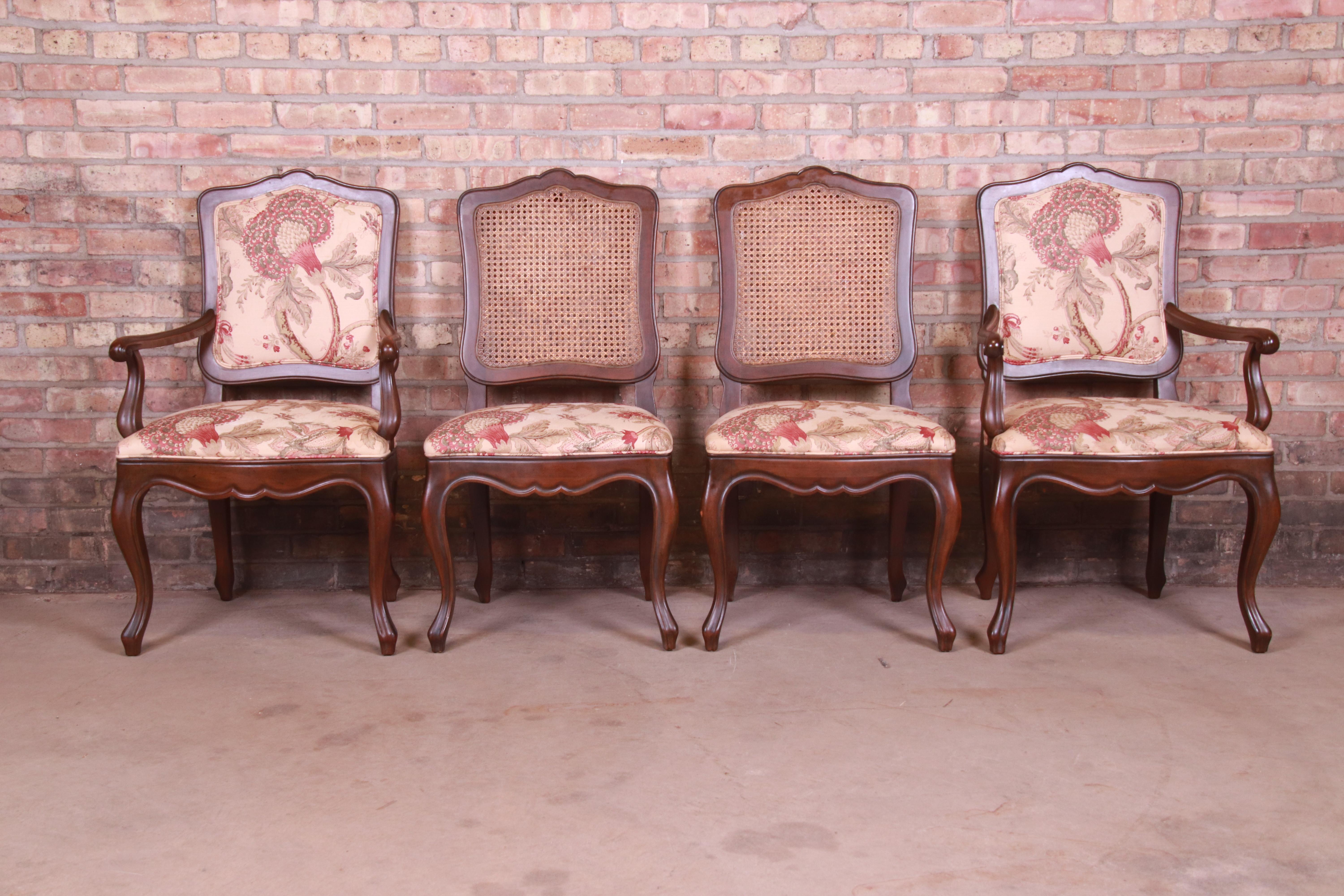 20th Century Baker Furniture French Provincial Louis XV Carved Walnut Dining Chairs, Set of 4 For Sale