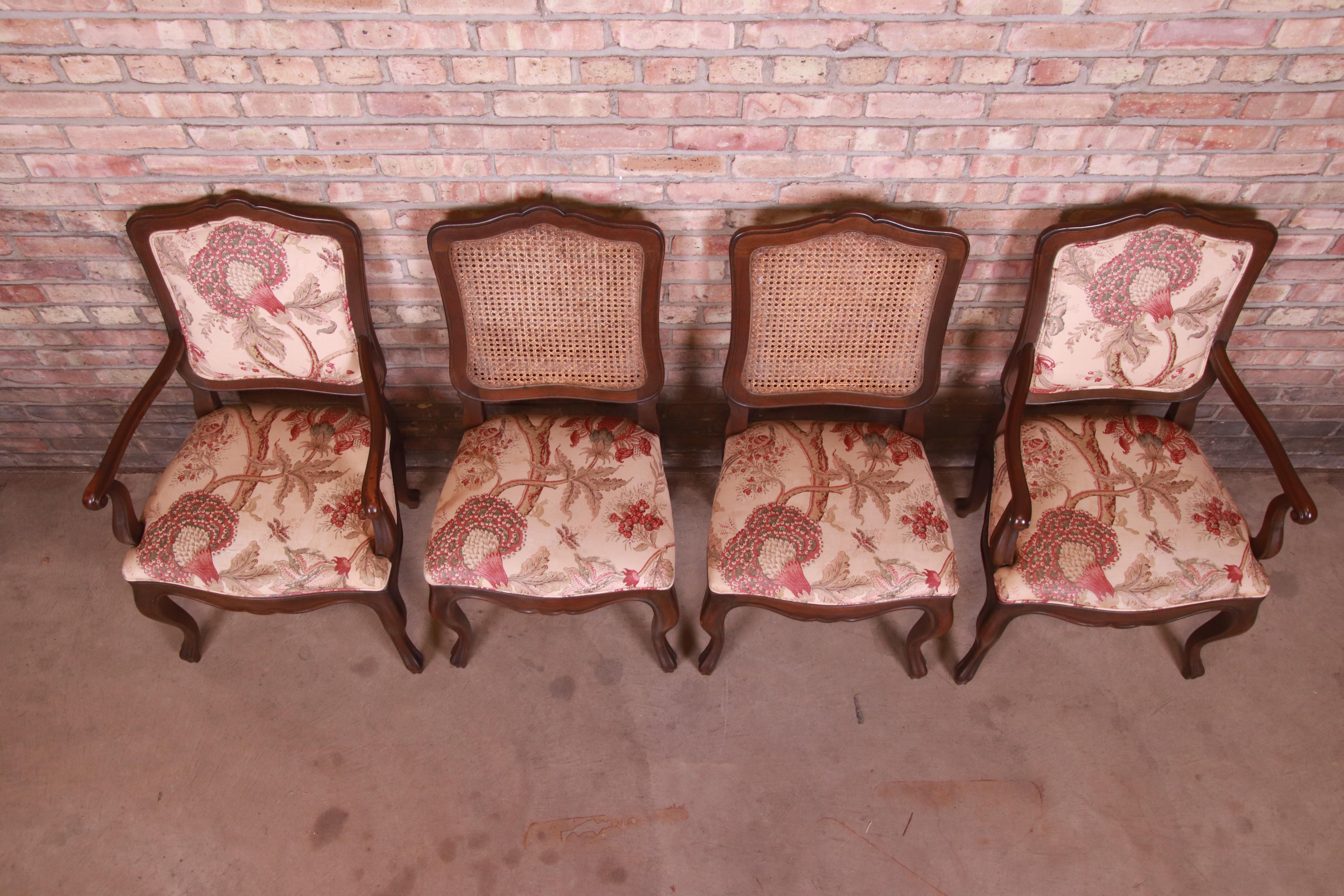 Upholstery Baker Furniture French Provincial Louis XV Carved Walnut Dining Chairs, Set of 4 For Sale