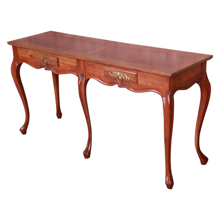 Baker Furniture French Provincial Louis XV Cherry and Burl Console Table For Sale