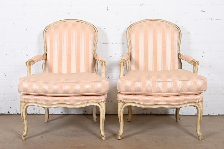 Upholstery Baker Furniture French Provincial Louis XV Fauteuils, Pair For Sale