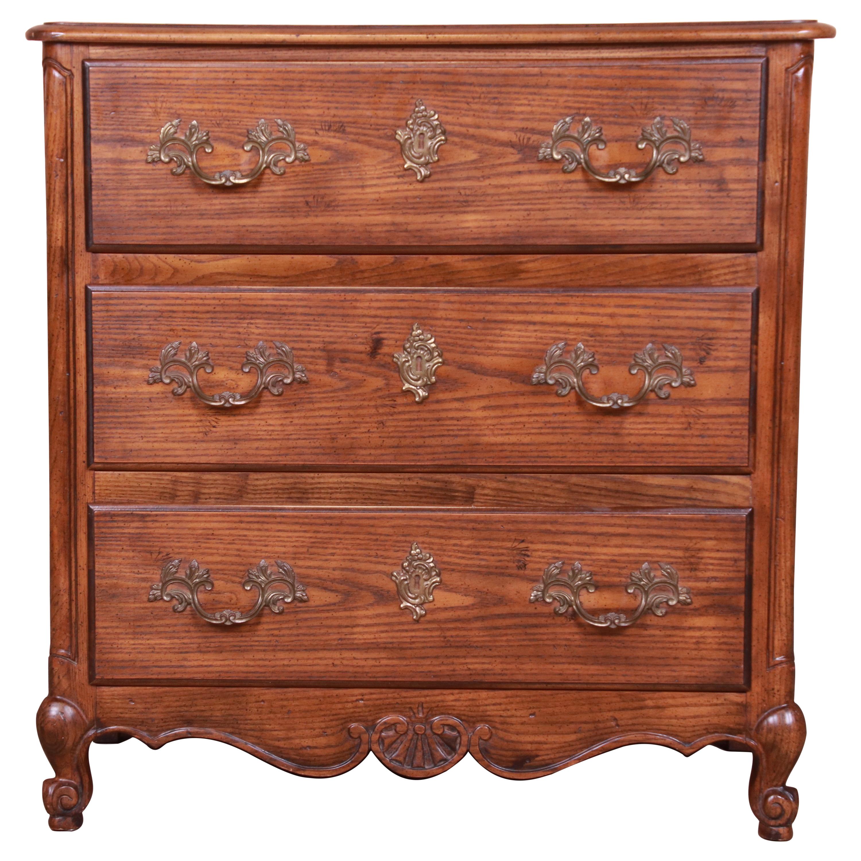Baker Furniture French Provincial Louis XV Oak and Burl Wood Chest of Drawers For Sale