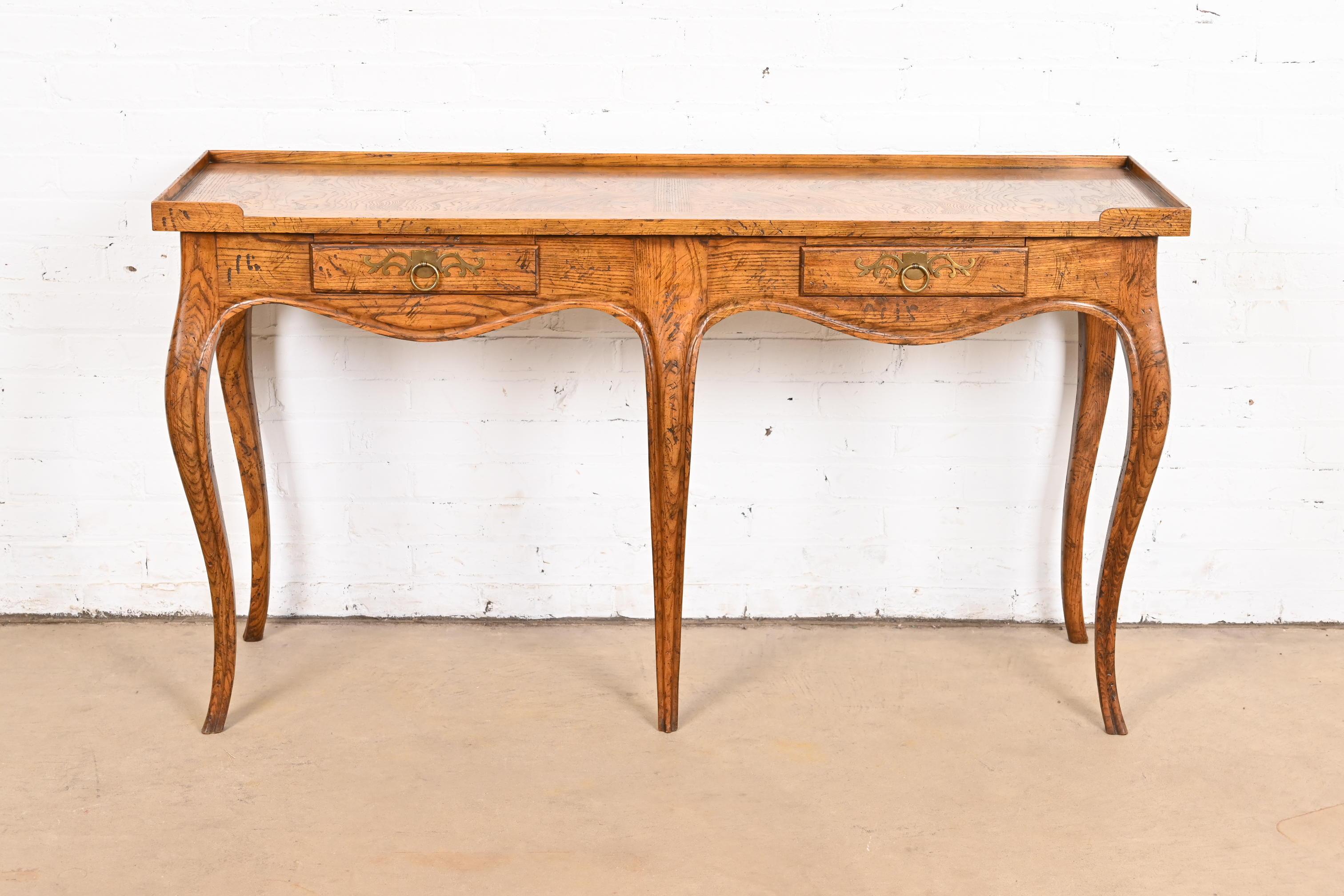 American Baker Furniture French Provincial Louis XV Oak and Burl Wood Console Table