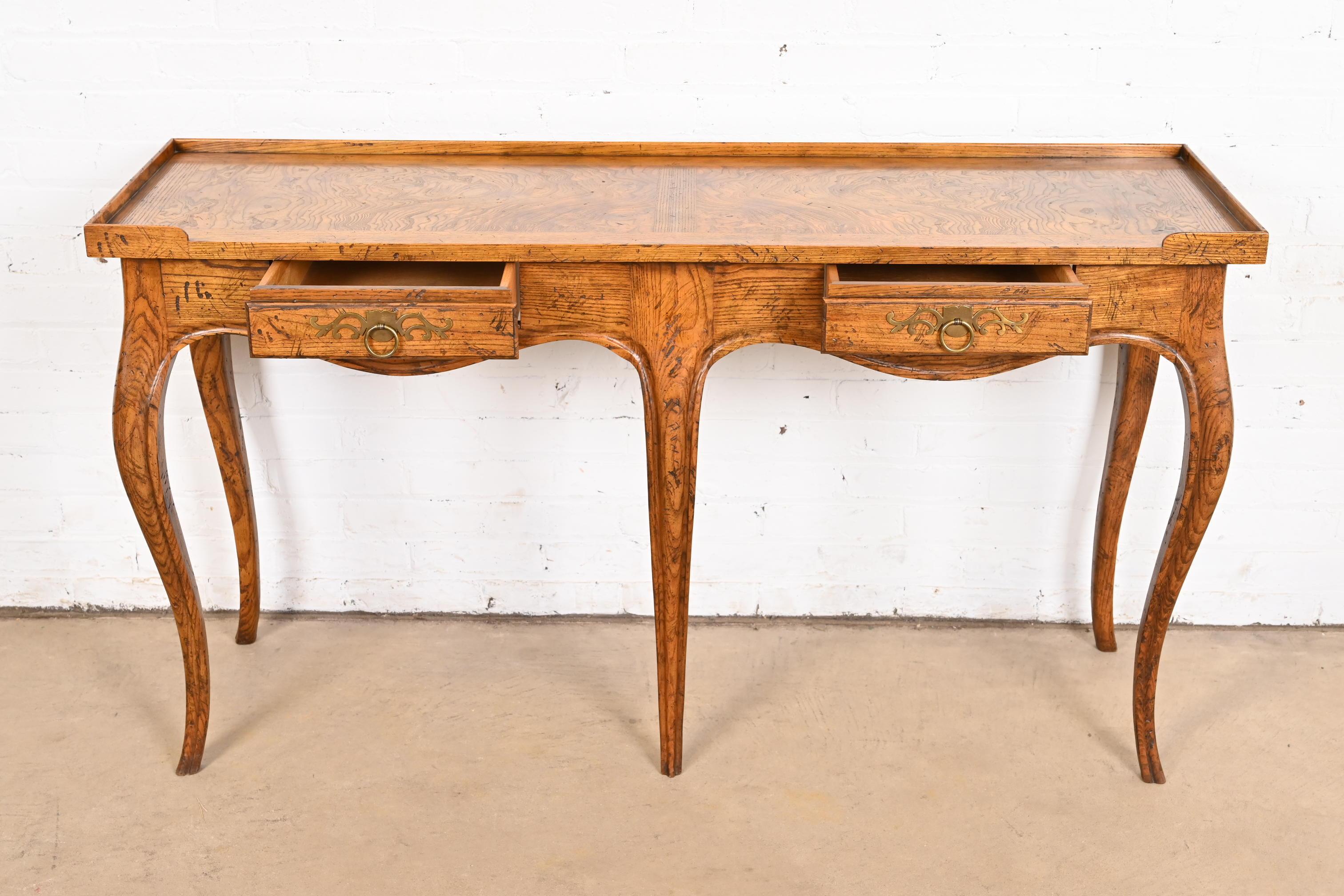 Brass Baker Furniture French Provincial Louis XV Oak and Burl Wood Console Table
