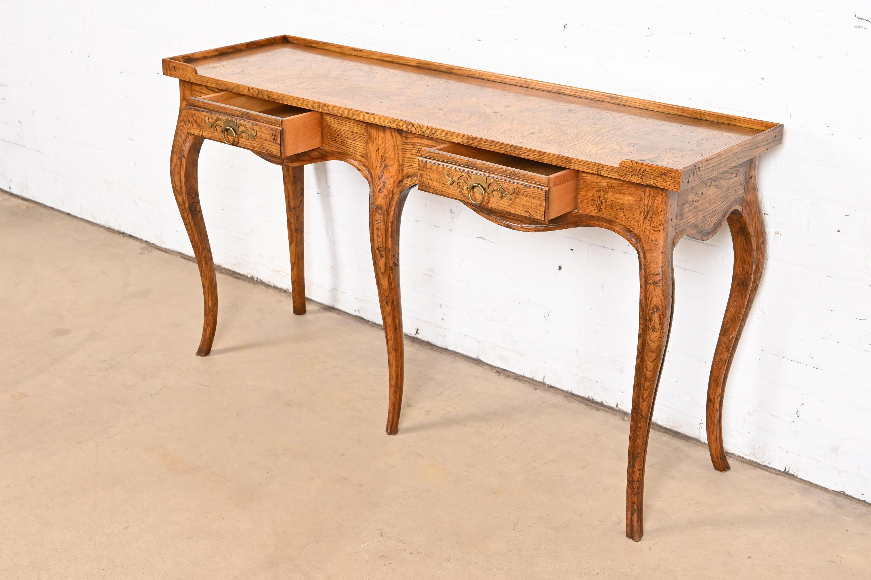 Baker Furniture French Provincial Louis XV Oak and Burl Wood Console Table 1