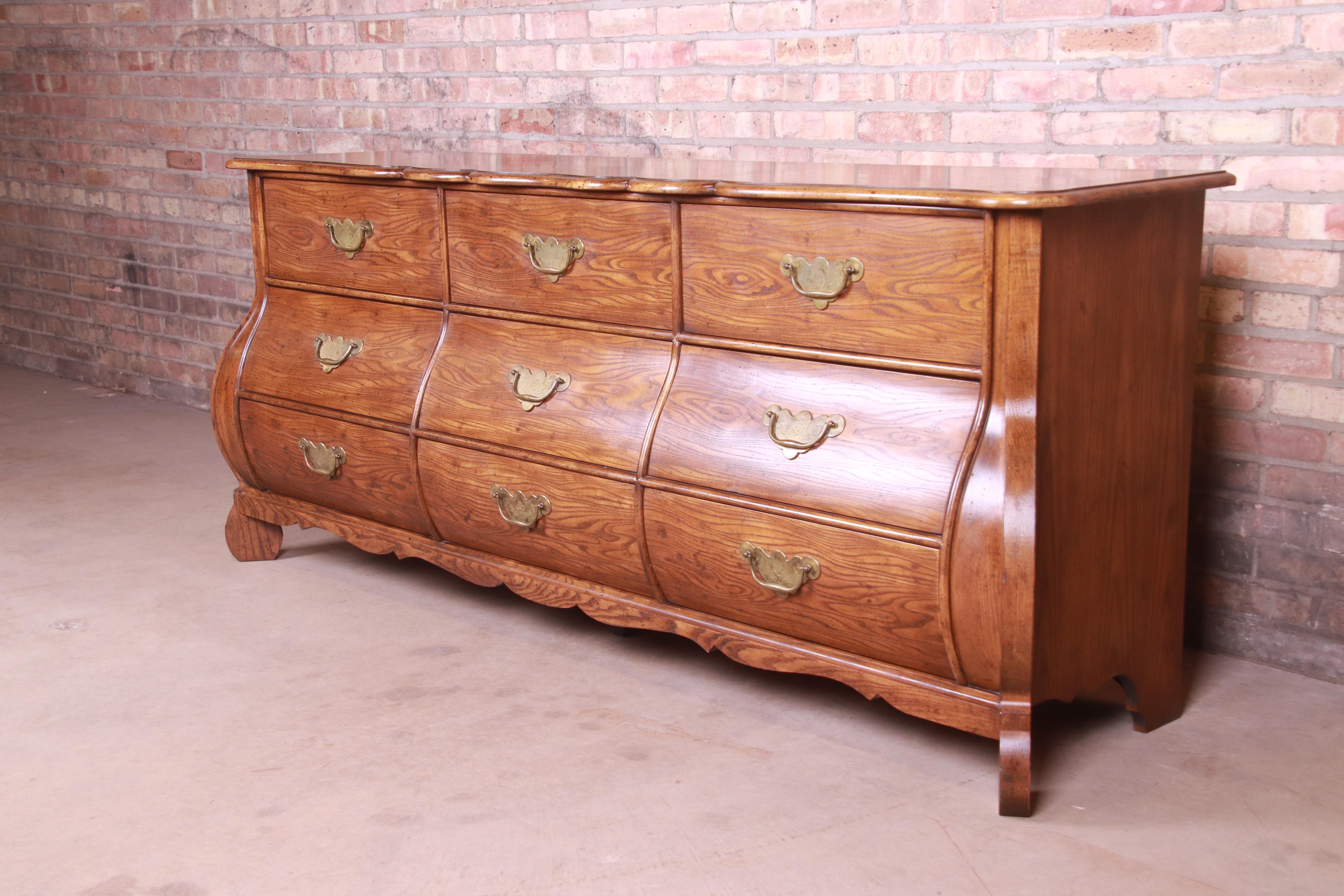 American Baker Furniture French Provincial Louis XV Oak and Burl Wood Triple Dresser