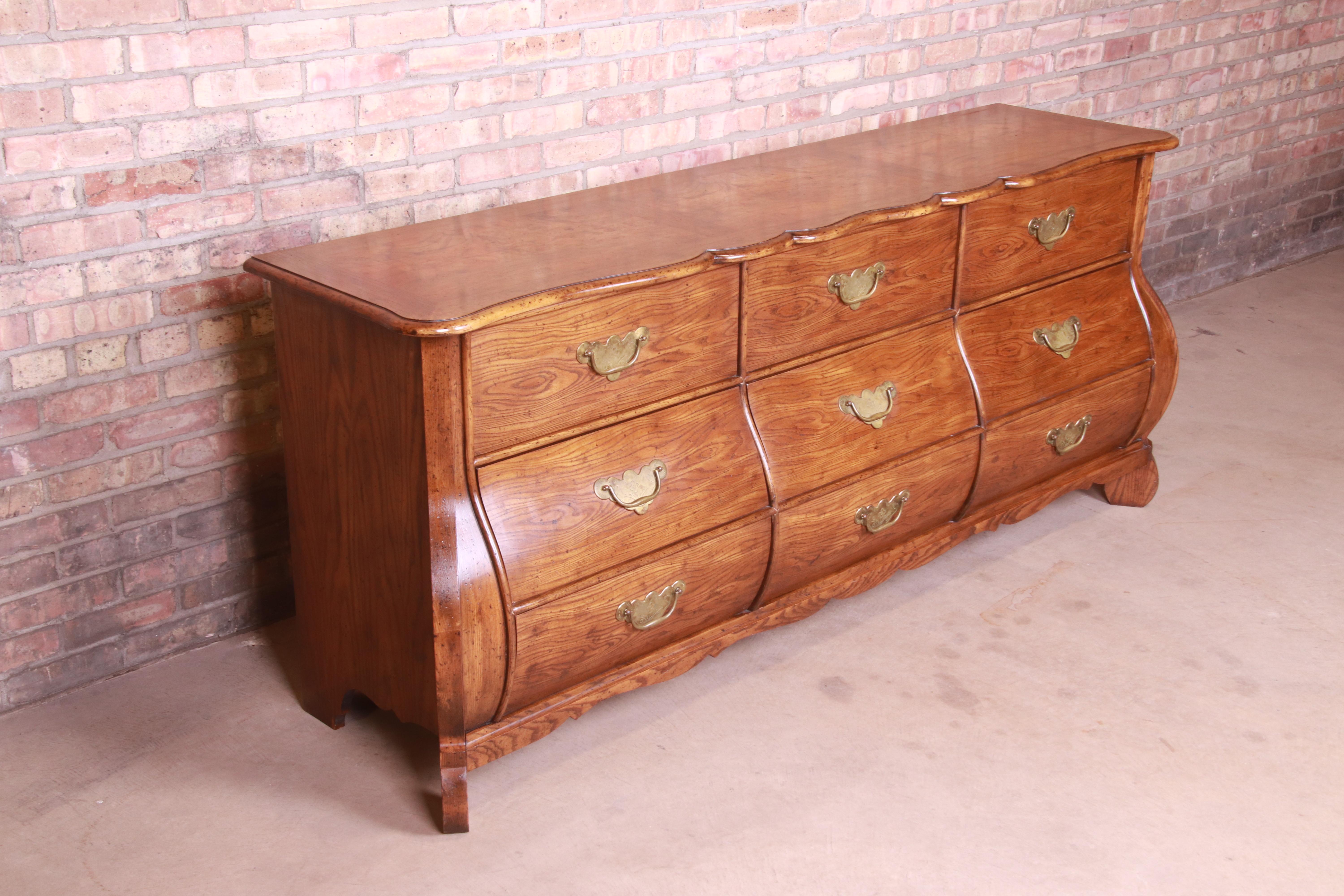20th Century Baker Furniture French Provincial Louis XV Oak and Burl Wood Triple Dresser