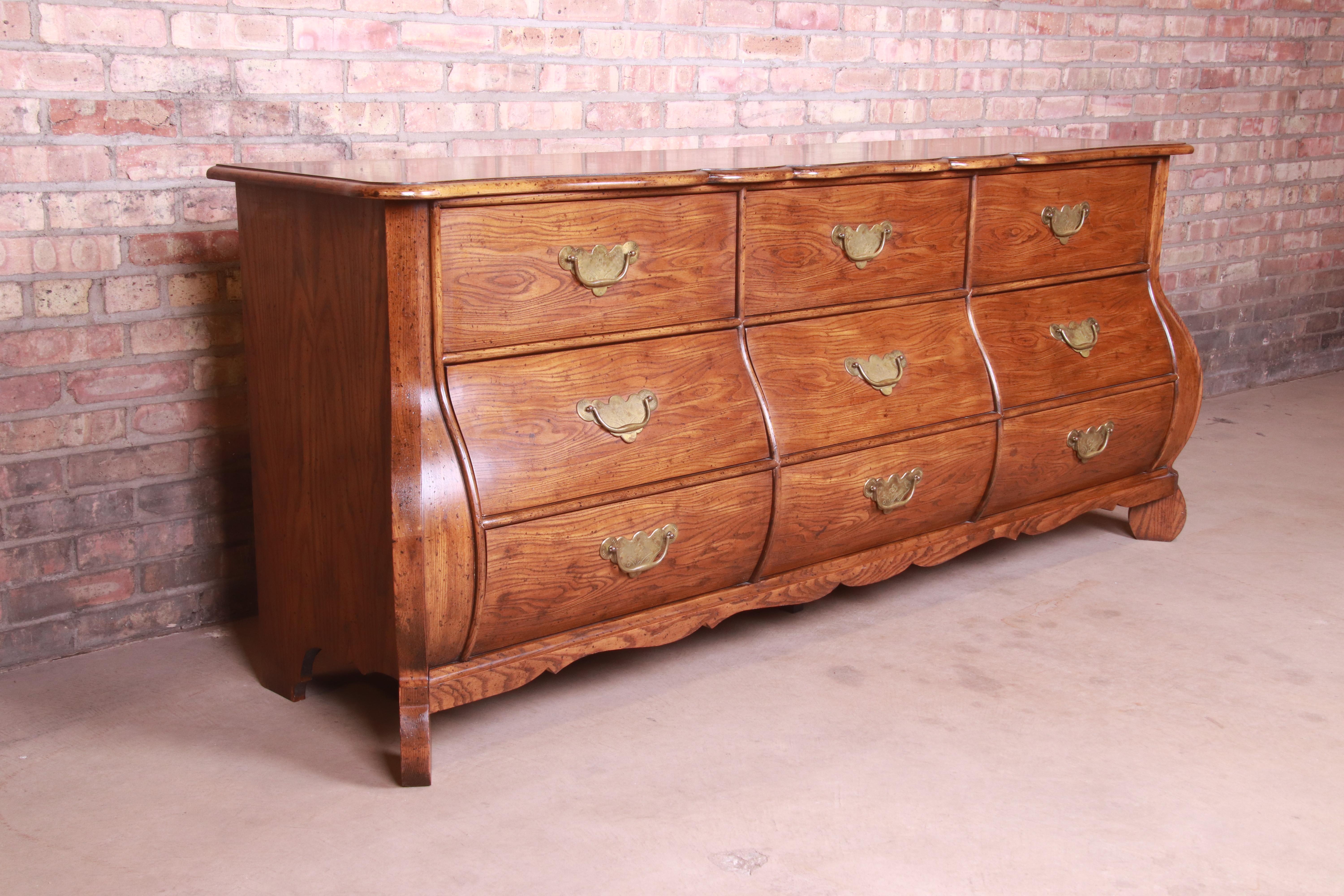 Brass Baker Furniture French Provincial Louis XV Oak and Burl Wood Triple Dresser