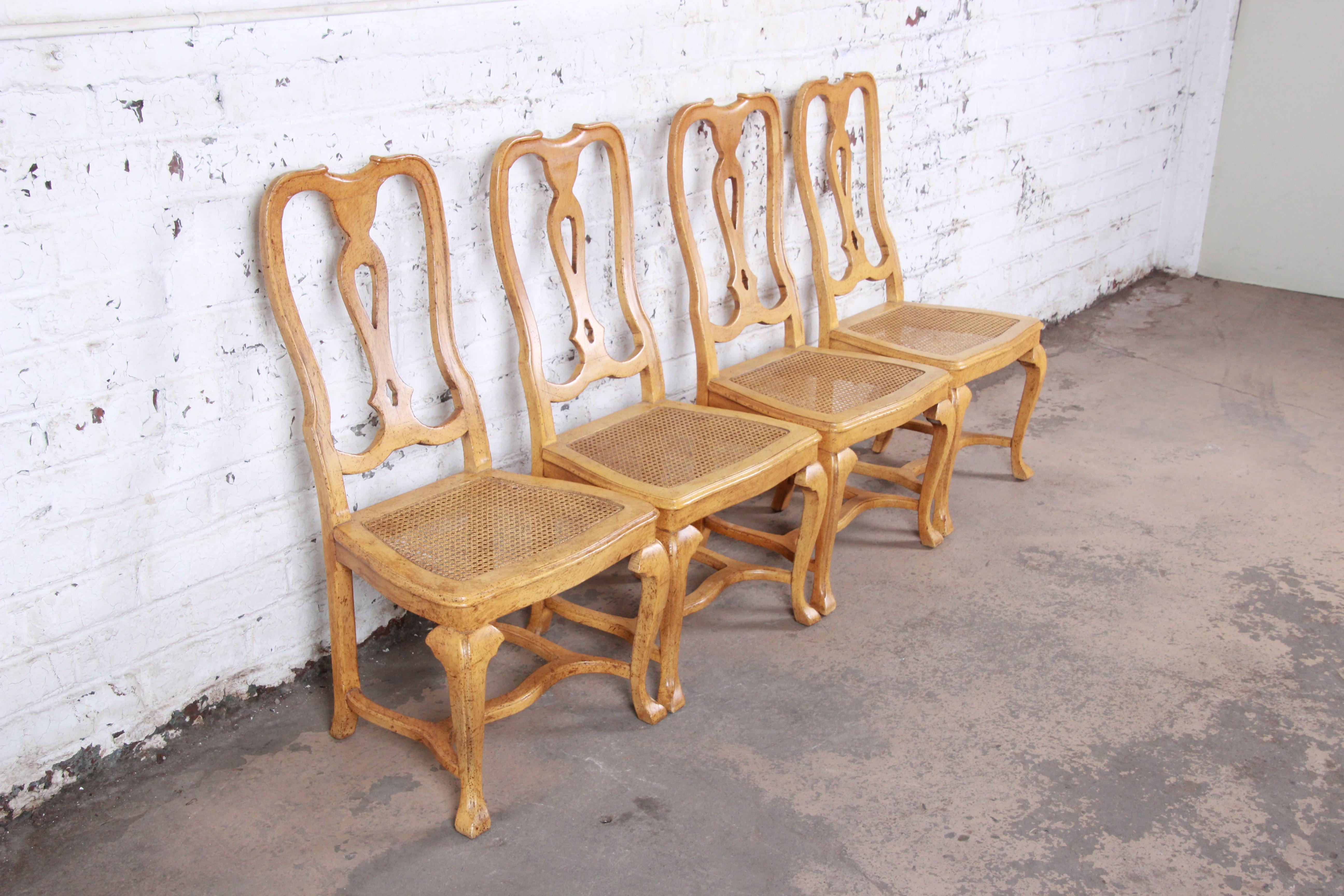 American Baker Furniture French Provincial Louis XV Oak and Cane Dining Chairs, Set of 4