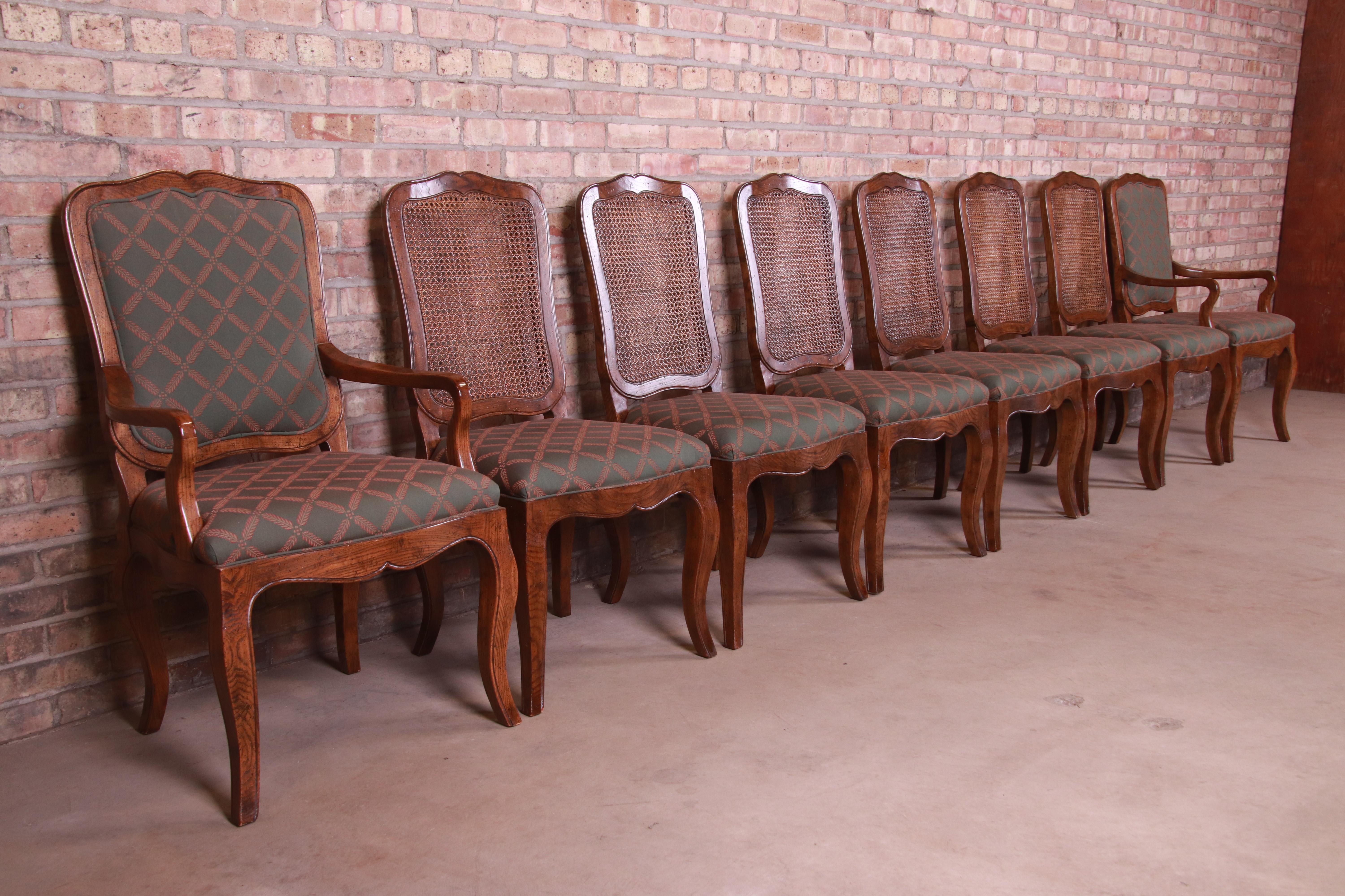 Upholstery Baker Furniture French Provincial Louis XV Oak and Cane Dining Chairs, Set of 8