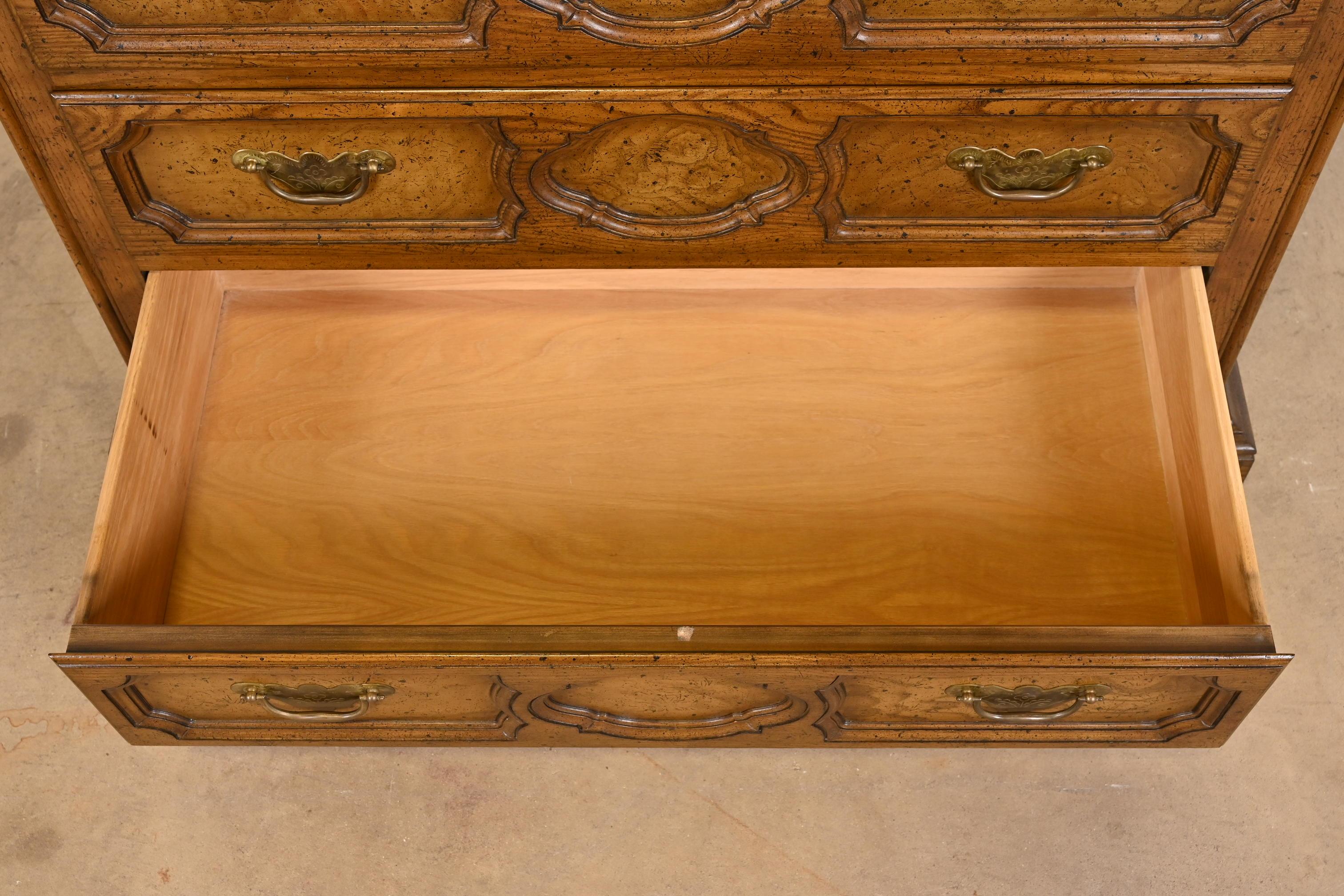 Brass Baker Furniture French Provincial Louis XV Oak Armoire Dresser or Linen Press For Sale