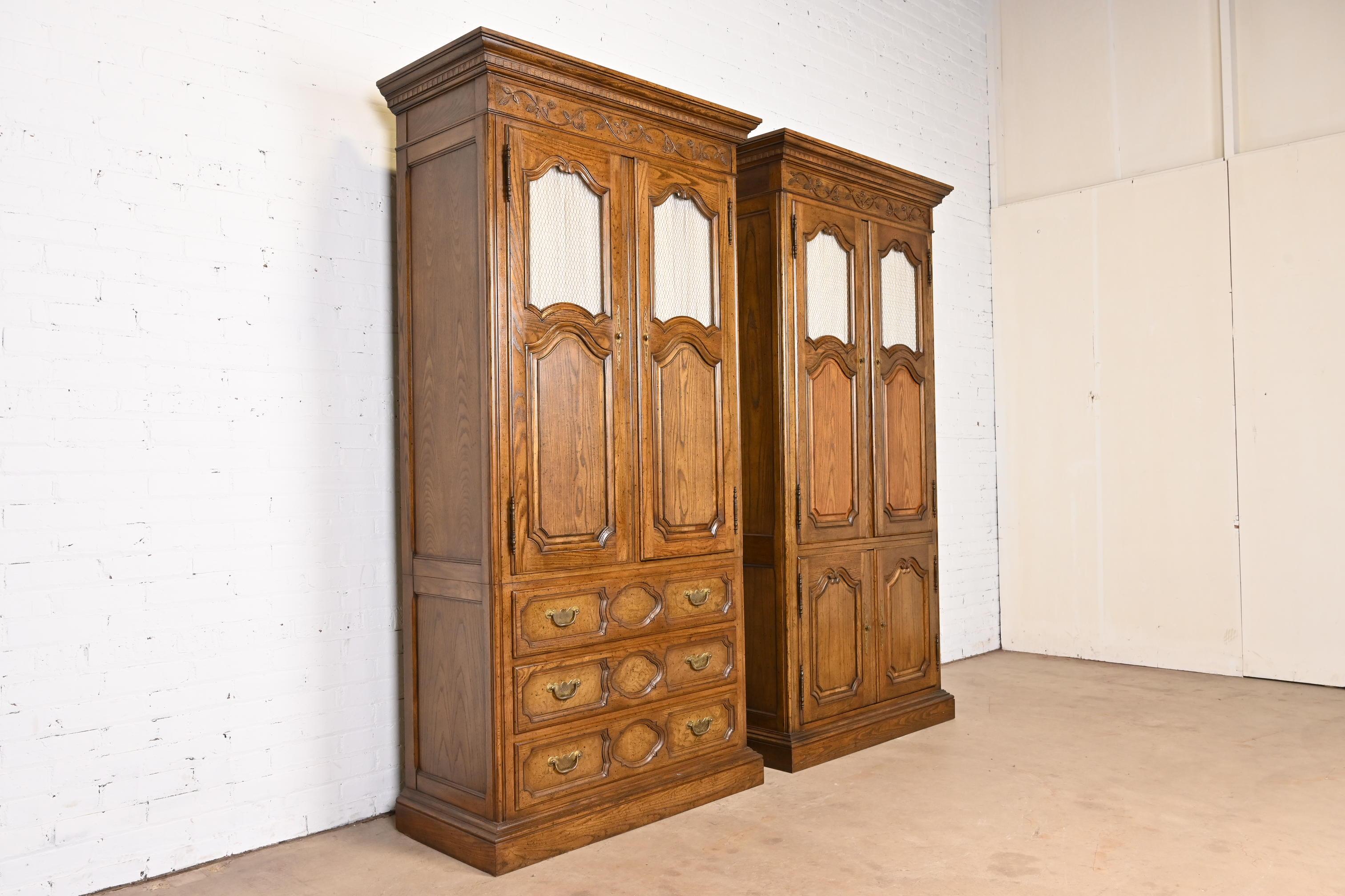 American Baker Furniture French Provincial Louis XV Oak Armoire Dressers or Linen Presses For Sale
