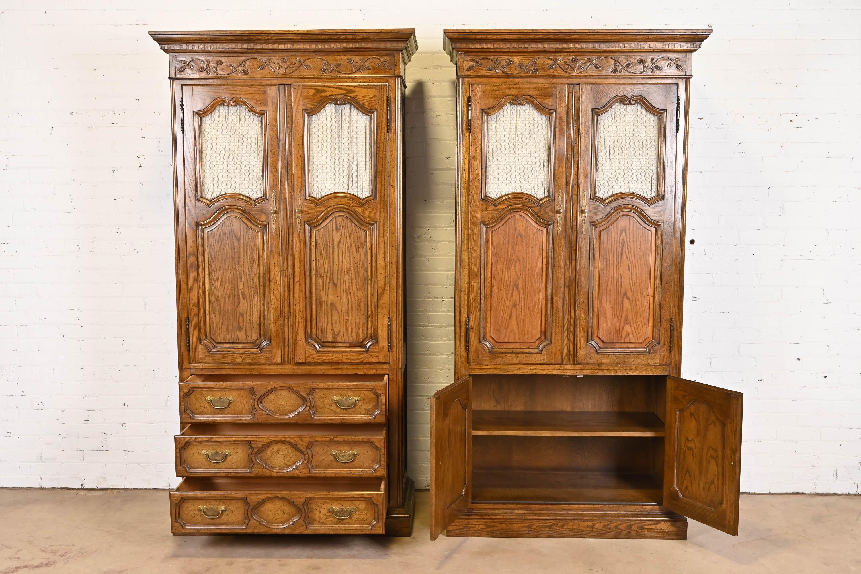 Brass Baker Furniture French Provincial Louis XV Oak Armoire Dressers or Linen Presses For Sale