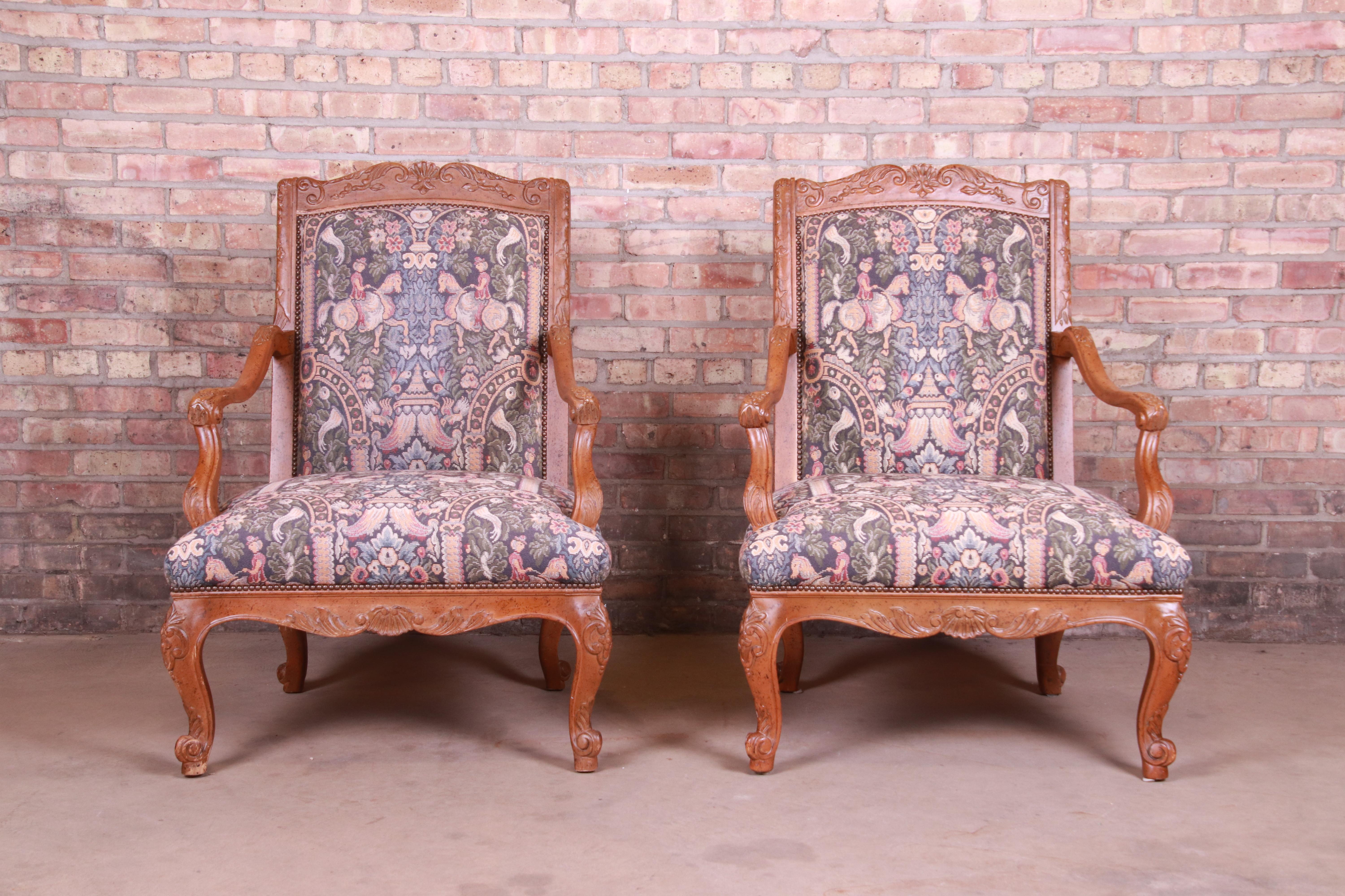 Baker Furniture French Provincial Louis XV Ornate Carved Fauteuils, Pair For Sale 4