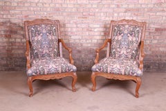 Baker Furniture French Provincial Louis XV Ornate Carved Fauteuils, Pair