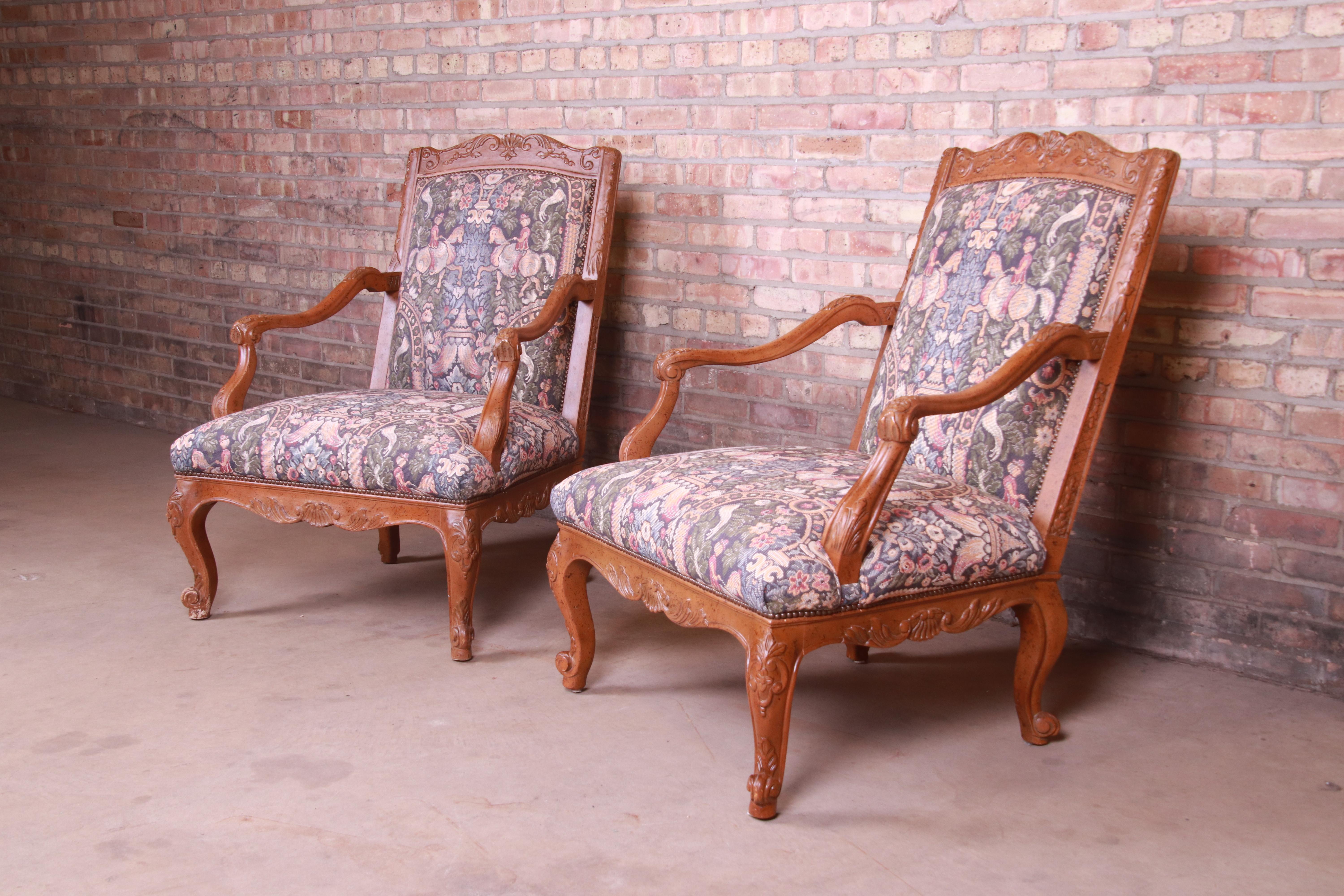 American Baker Furniture French Provincial Louis XV Ornate Carved Fauteuils, Pair For Sale
