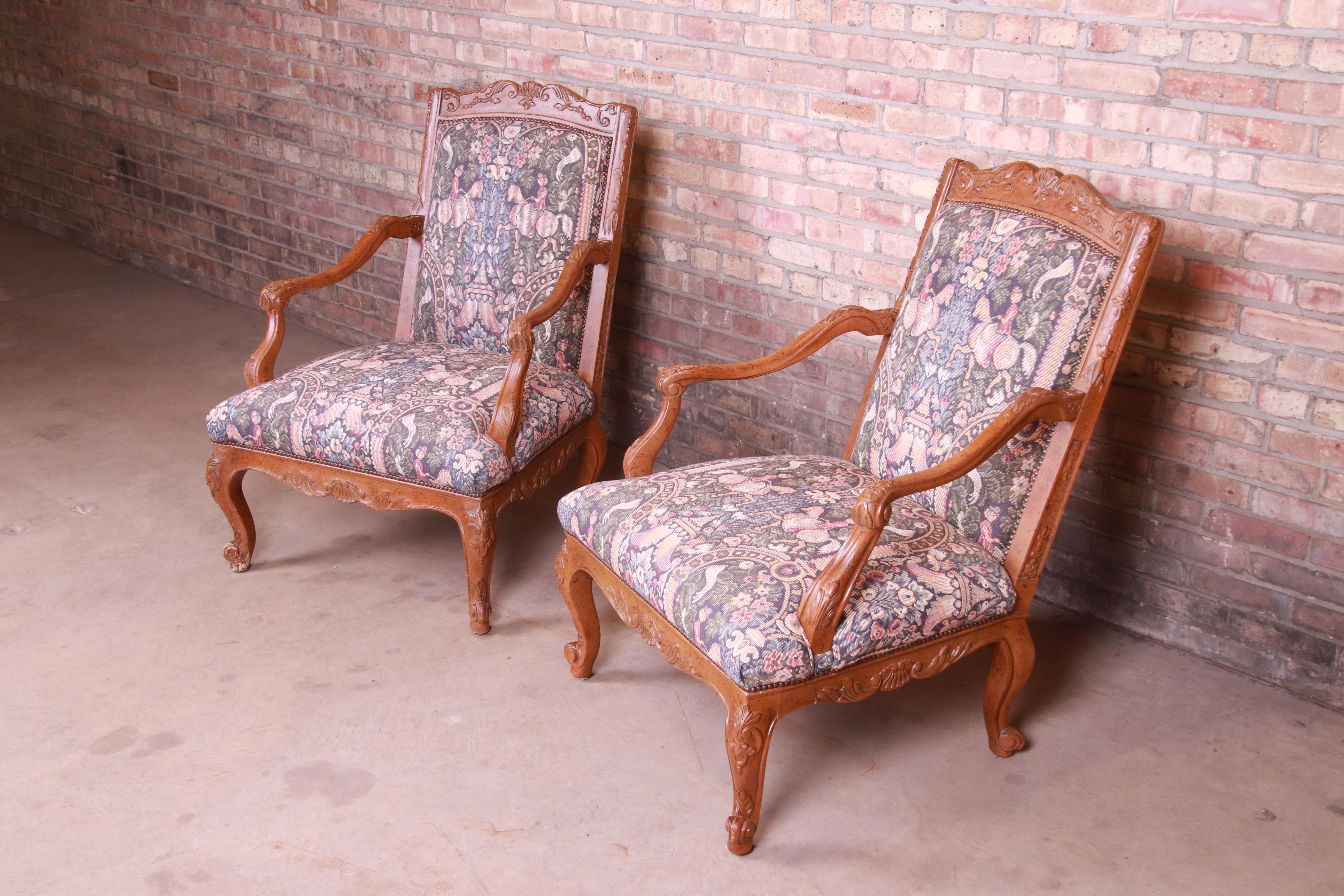 American Baker Furniture French Provincial Louis XV Ornate Carved Fauteuils, Pair For Sale