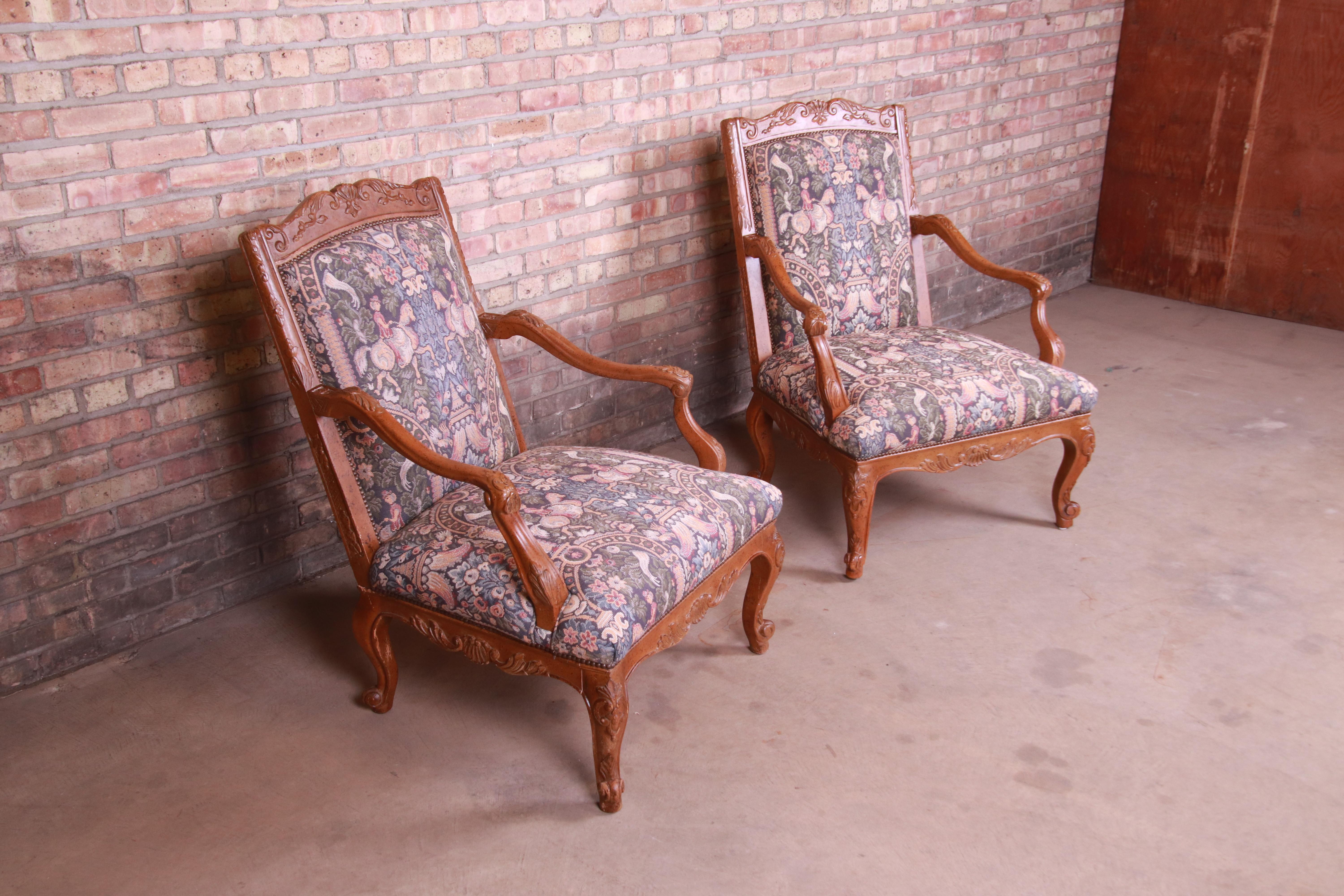 20th Century Baker Furniture French Provincial Louis XV Ornate Carved Fauteuils, Pair For Sale