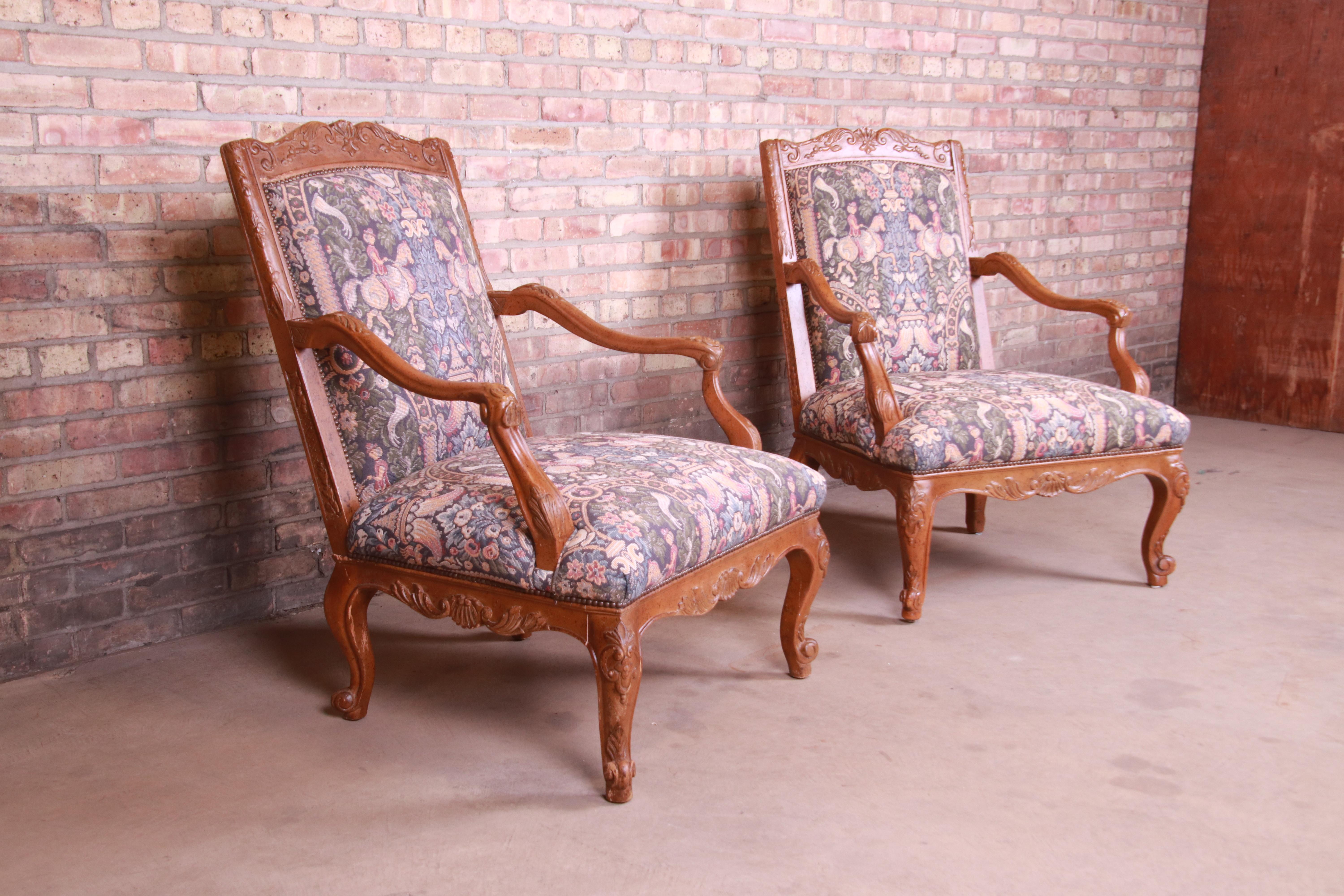 Upholstery Baker Furniture French Provincial Louis XV Ornate Carved Fauteuils, Pair For Sale