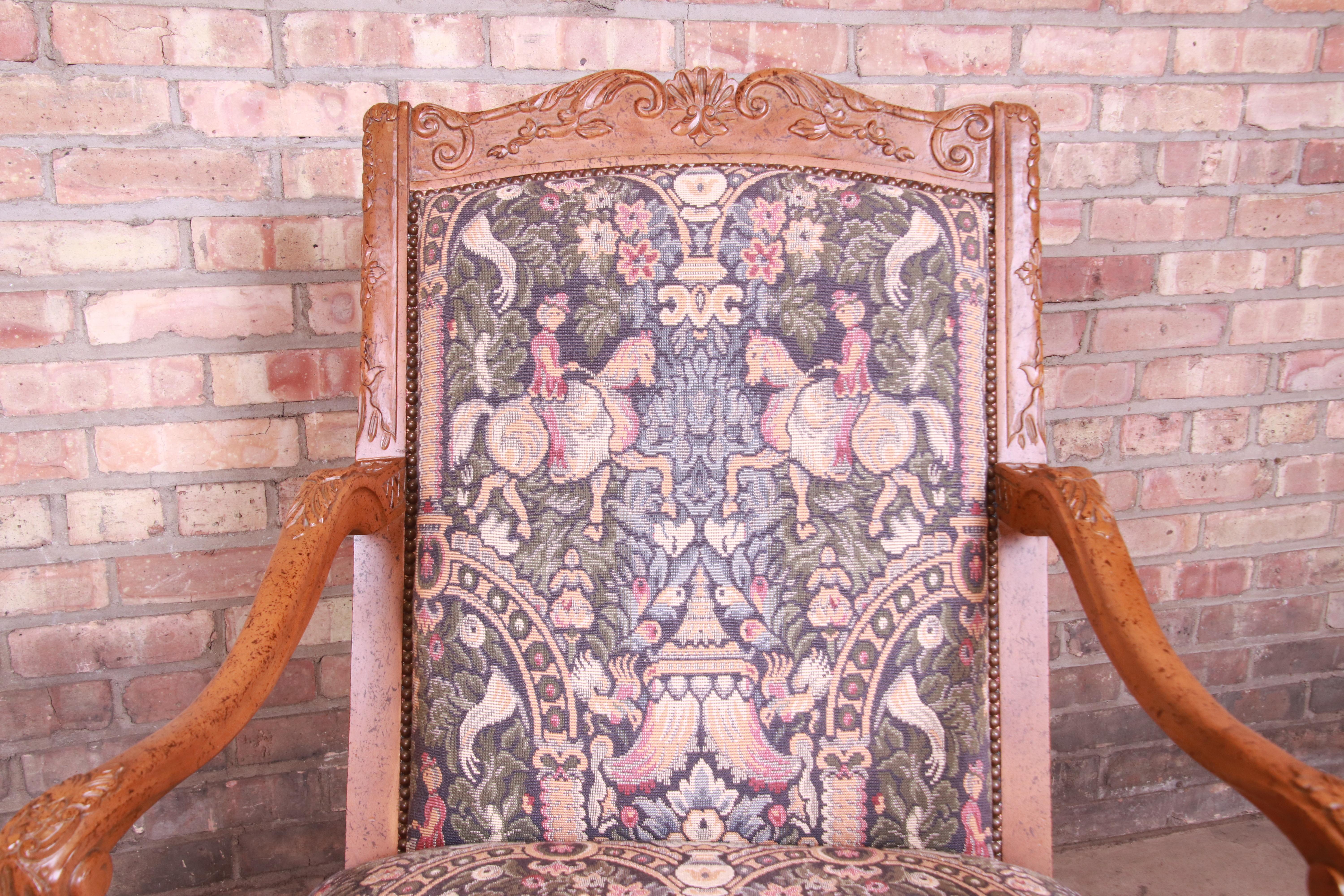 Brass Baker Furniture French Provincial Louis XV Ornate Carved Fauteuils, Pair For Sale