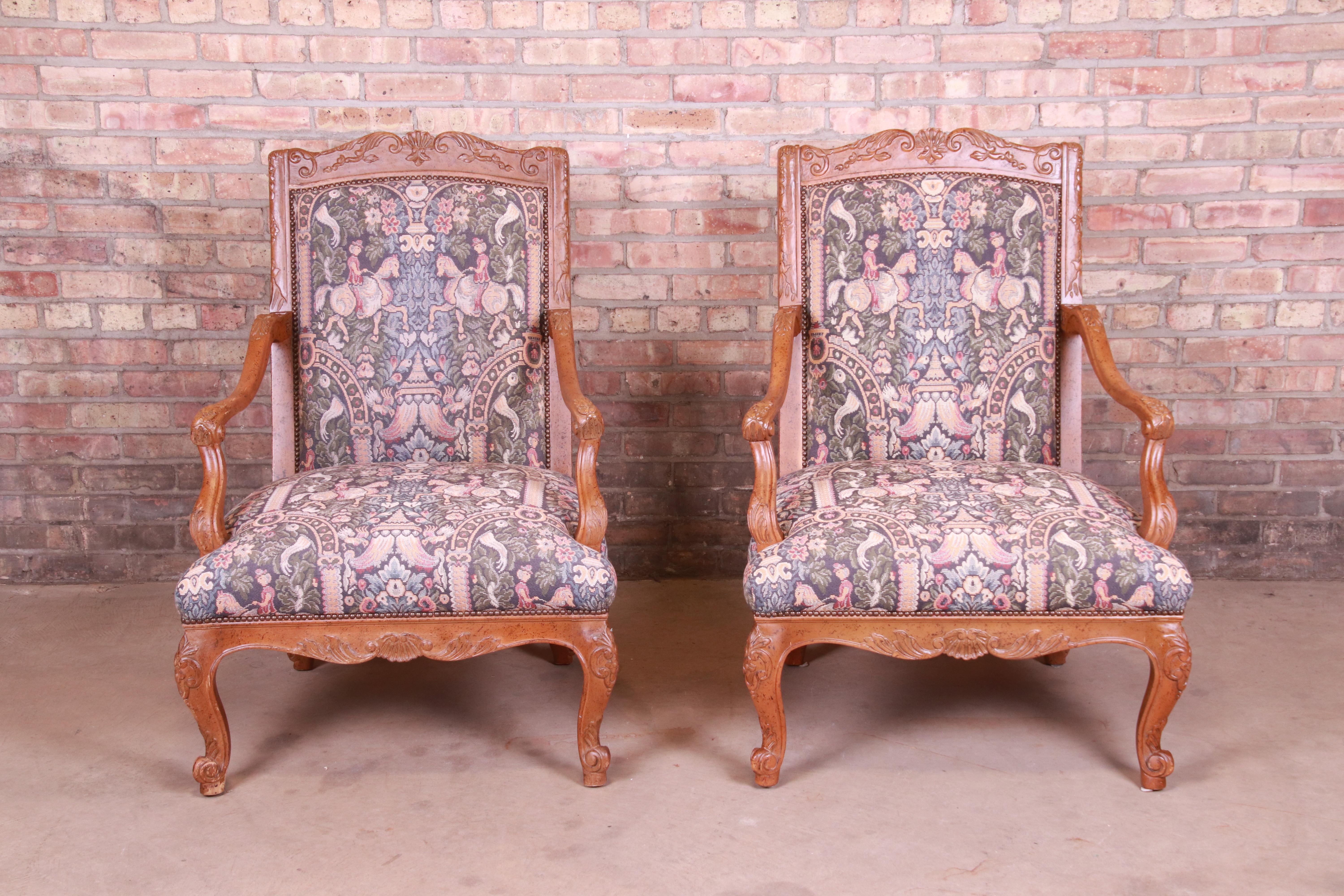 Baker Furniture French Provincial Louis XV Ornate Carved Fauteuils, Pair For Sale 3