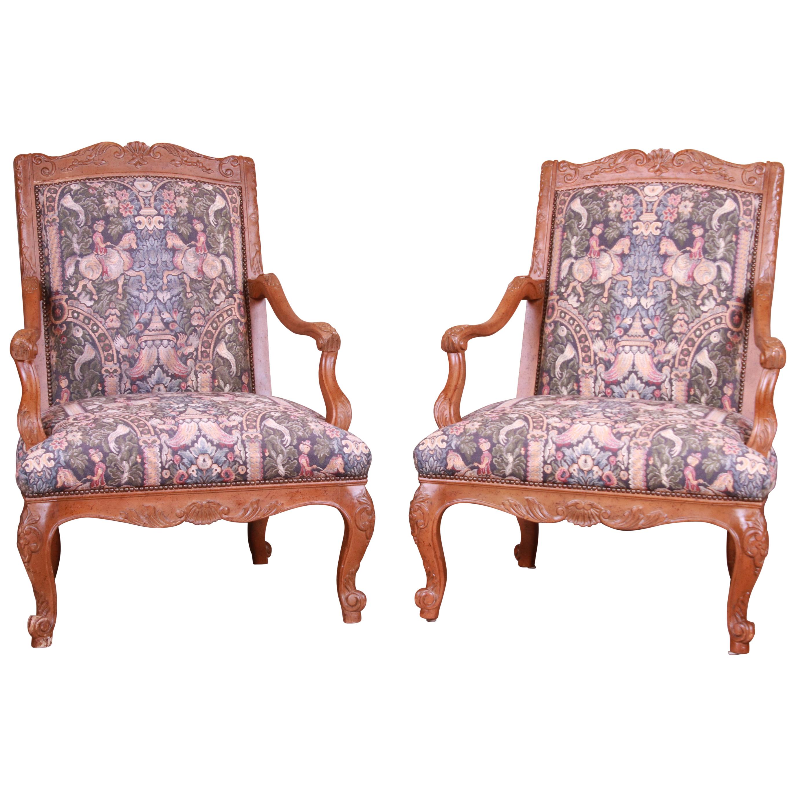 Baker Furniture French Provincial Louis XV Ornate Carved Fauteuils, Pair