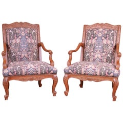 Retro Baker Furniture French Provincial Louis XV Ornate Carved Fauteuils, Pair