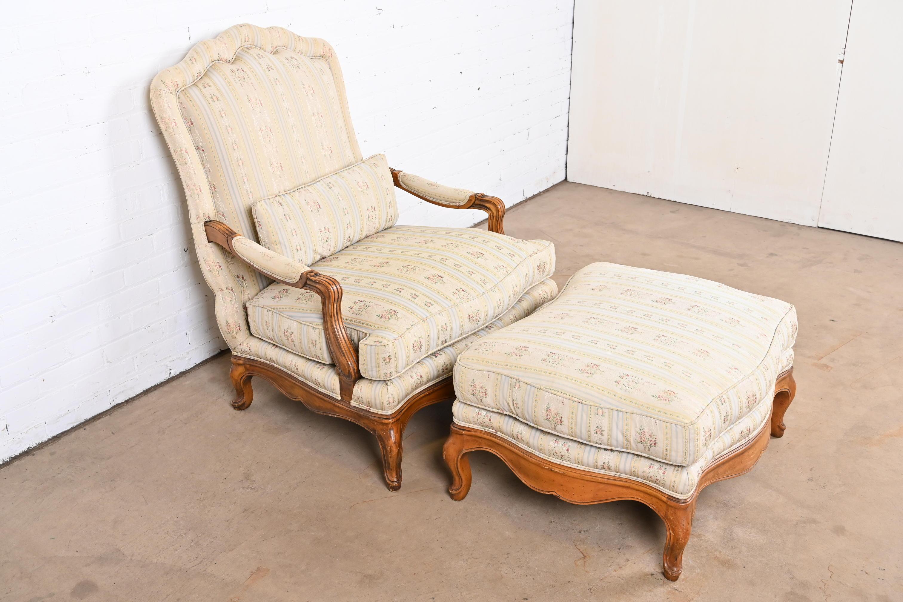 American Baker Furniture French Provincial Louis XV Oversized Fauteuil and Ottoman For Sale