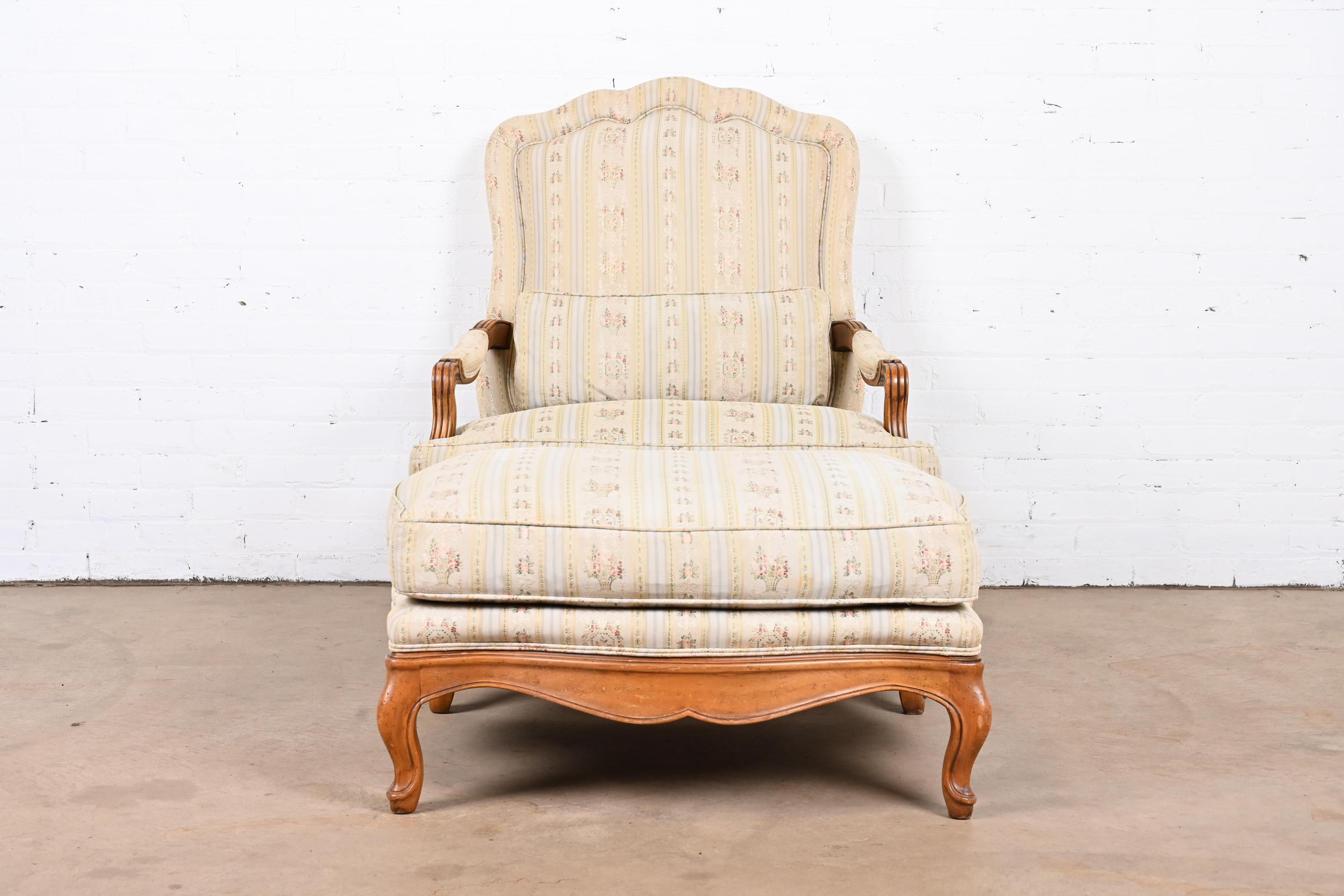 20th Century Baker Furniture French Provincial Louis XV Oversized Fauteuil and Ottoman For Sale