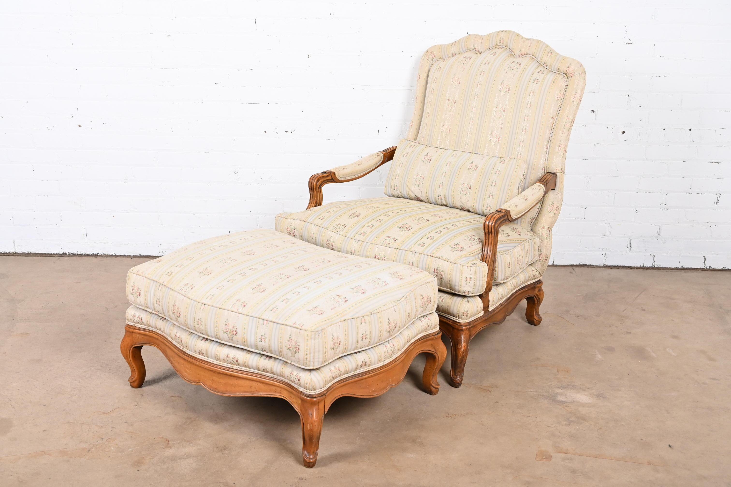 Upholstery Baker Furniture French Provincial Louis XV Oversized Fauteuil and Ottoman For Sale