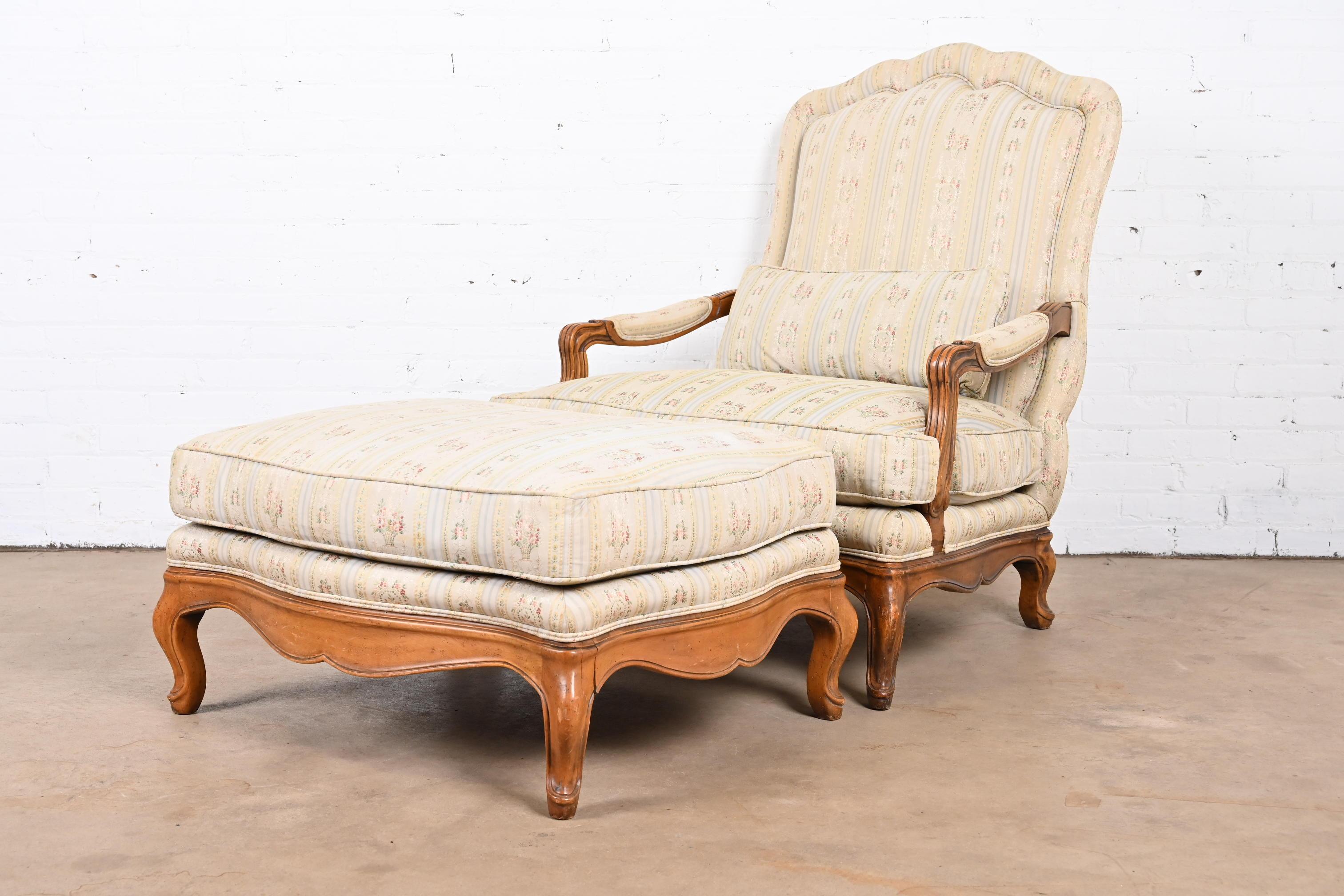Baker Furniture French Provincial Louis XV Oversized Fauteuil and Ottoman For Sale 1
