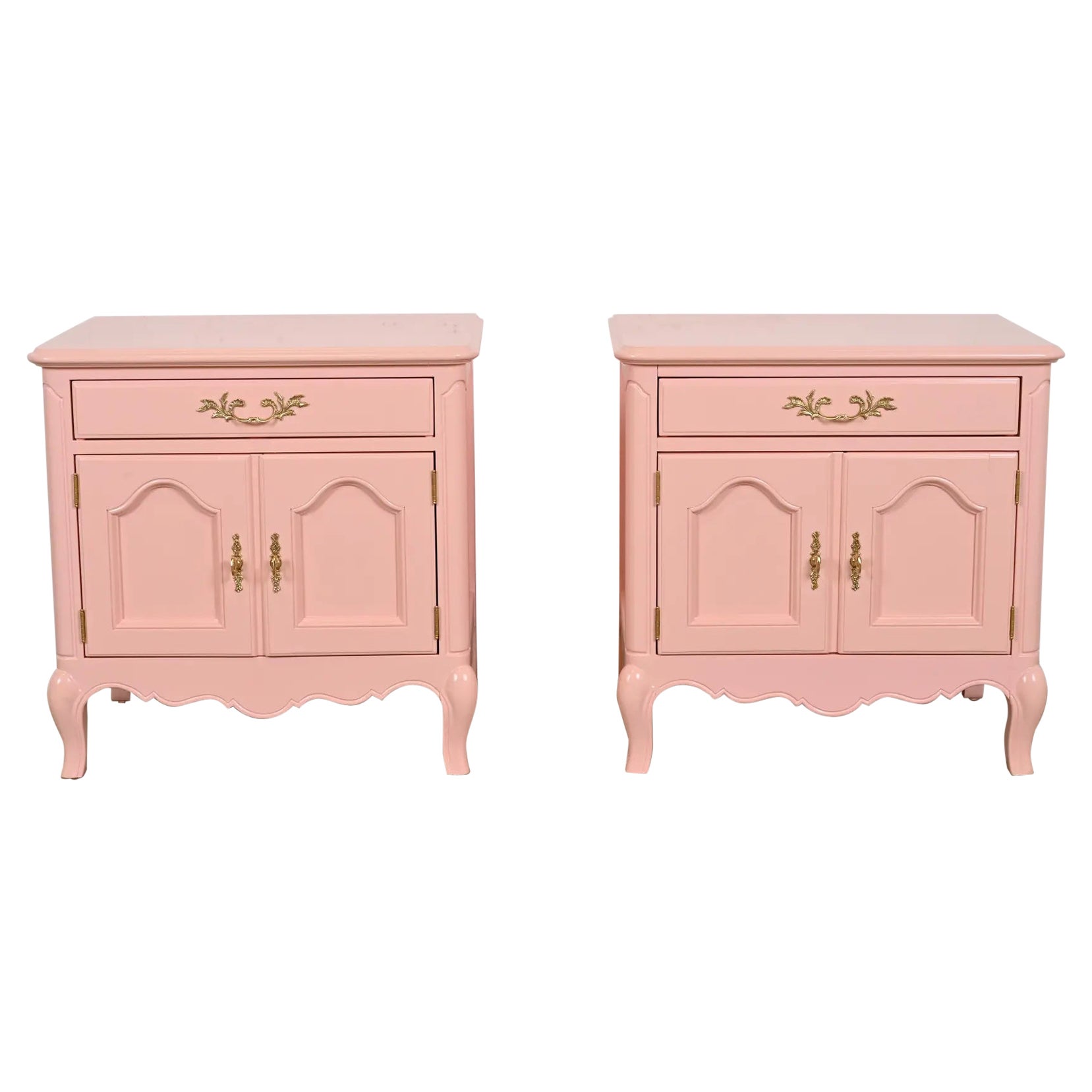 Baker Furniture French Provincial Louis XV Pink Lacquered Nightstands