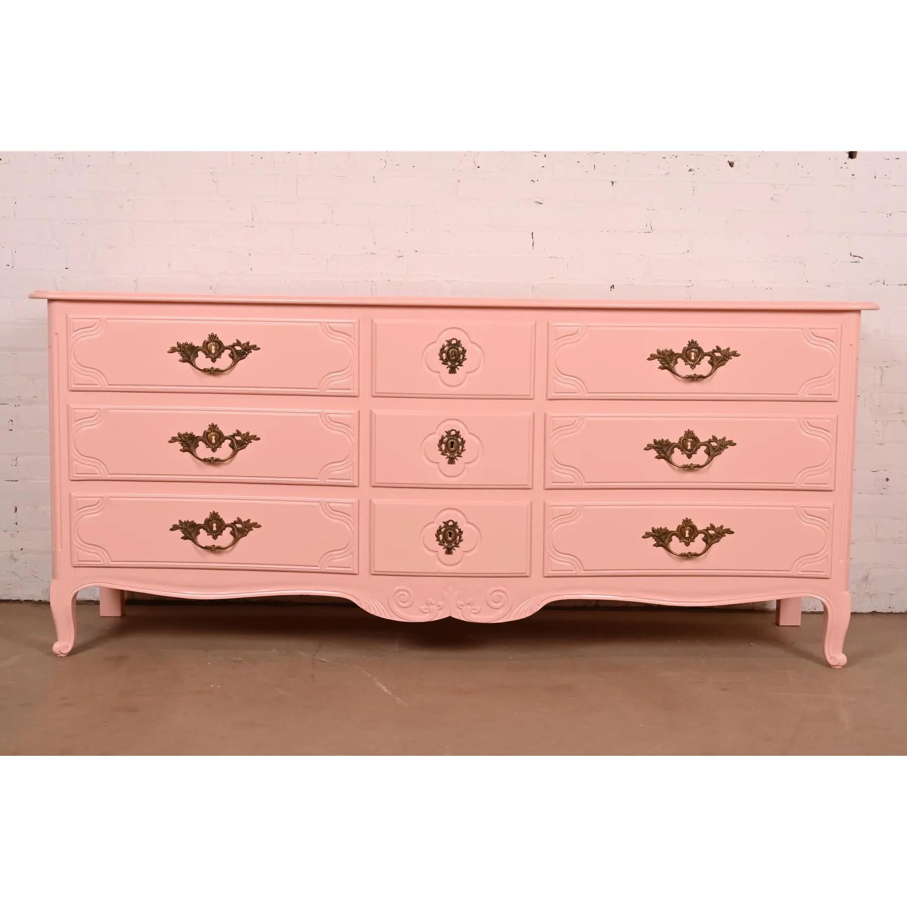 American Baker Furniture French Provincial Louis XV Pink Lacquered Nine-Drawer Dresser For Sale