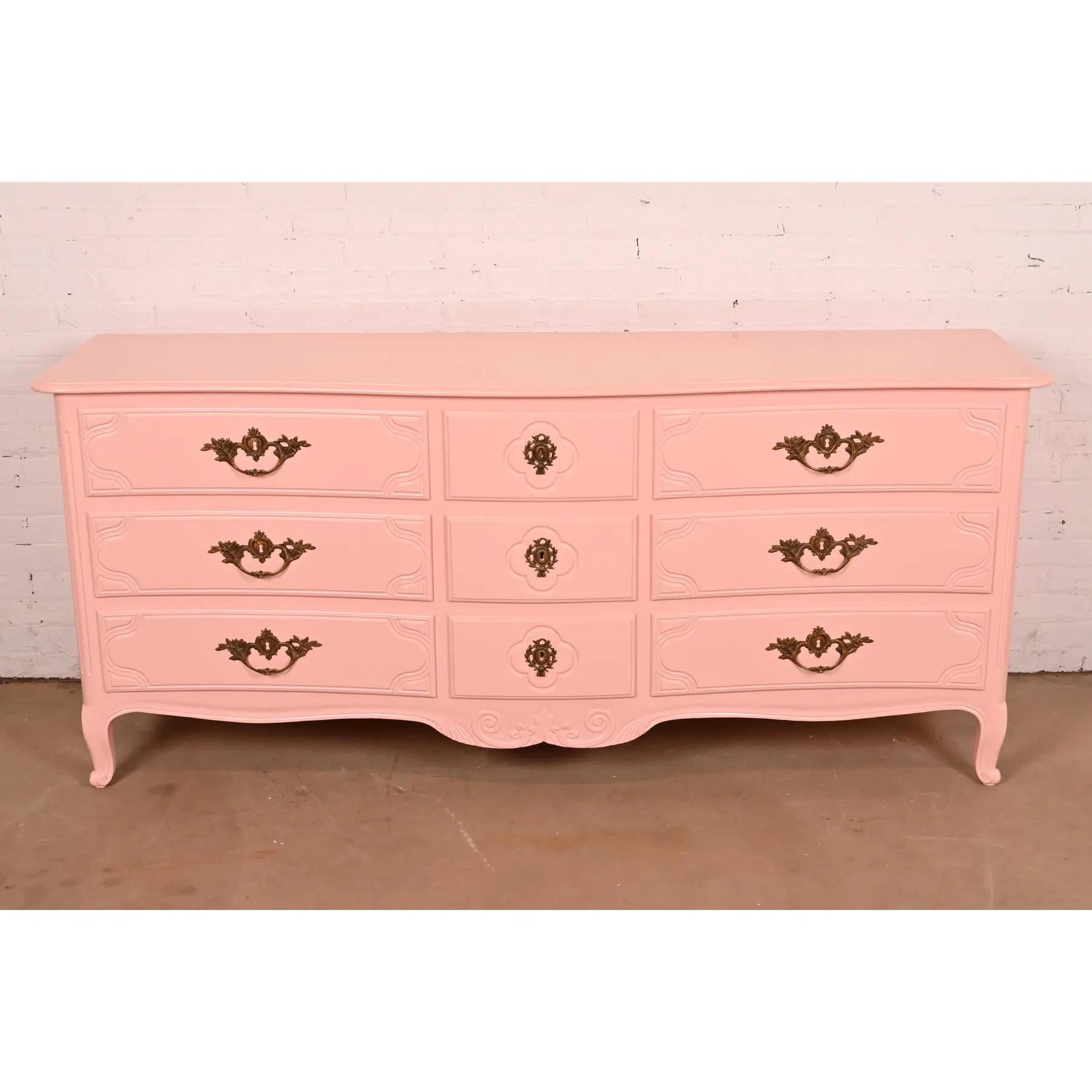 Mid-20th Century Baker Furniture French Provincial Louis XV Pink Lacquered Nine-Drawer Dresser For Sale