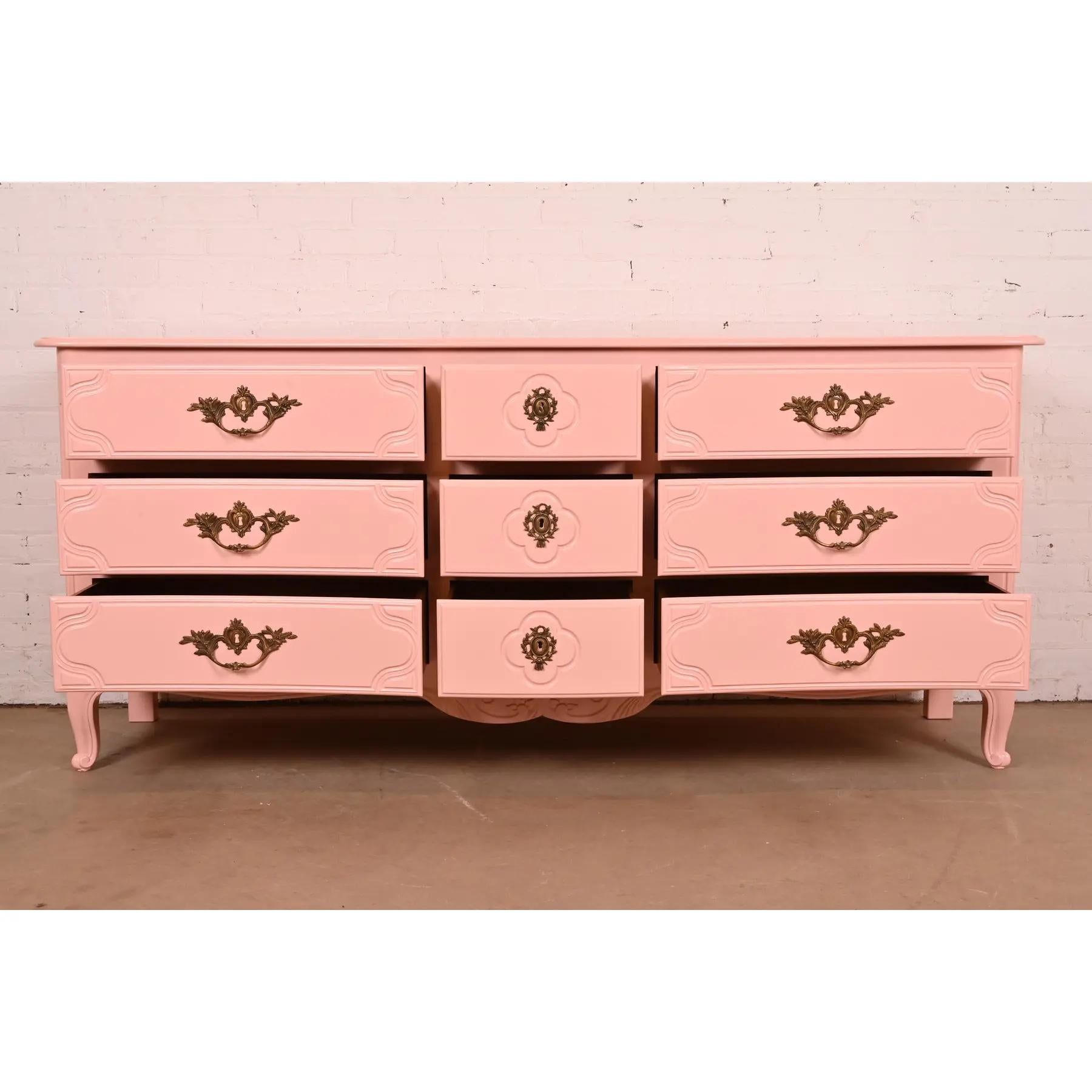 Brass Baker Furniture French Provincial Louis XV Pink Lacquered Nine-Drawer Dresser For Sale