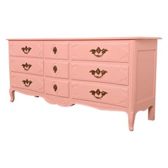 Baker Furniture French Provincial Louis XV Pink Lacquered Nine-Drawer Dresser