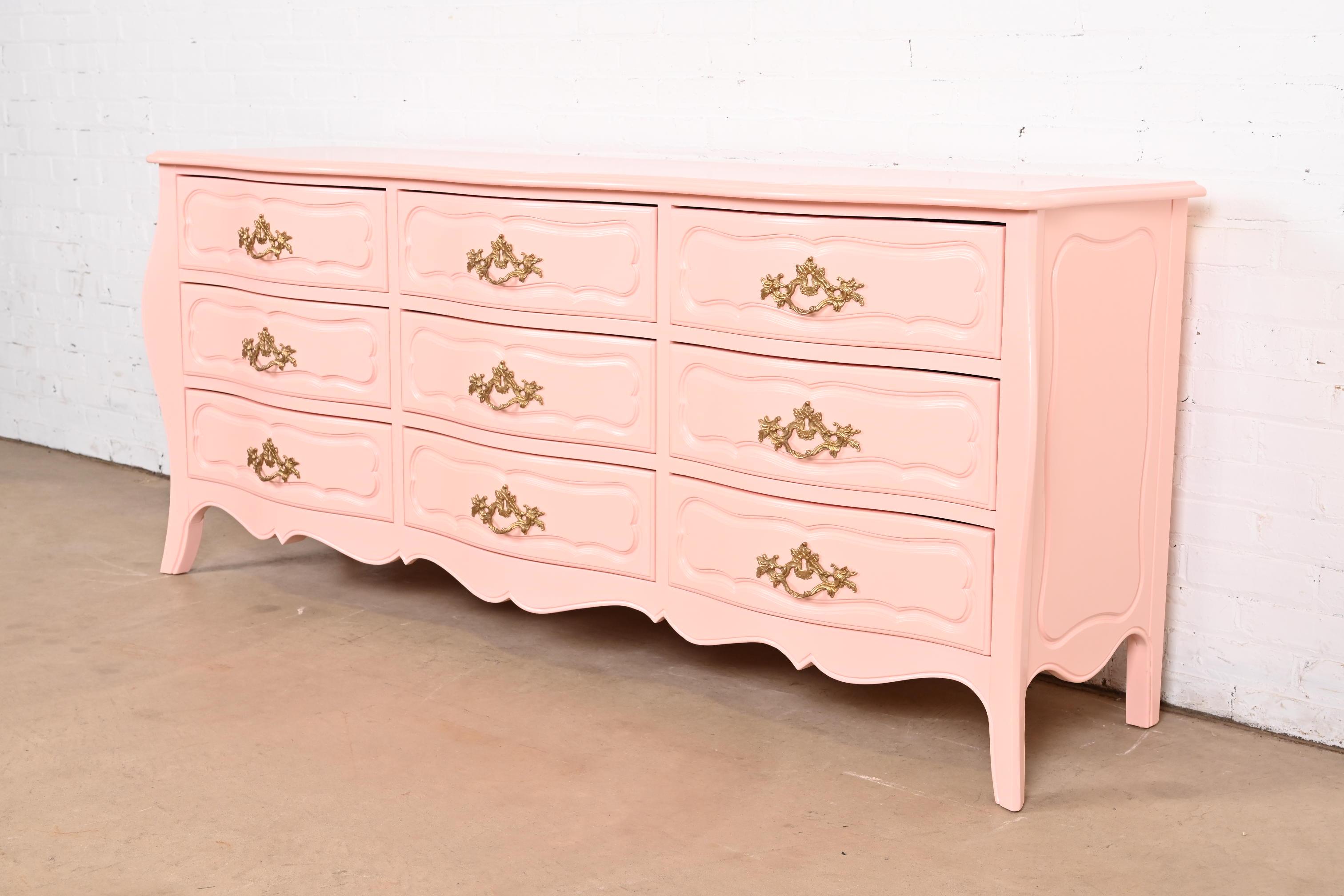 American Baker Furniture French Provincial Louis XV Pink Lacquered Triple Dresser For Sale