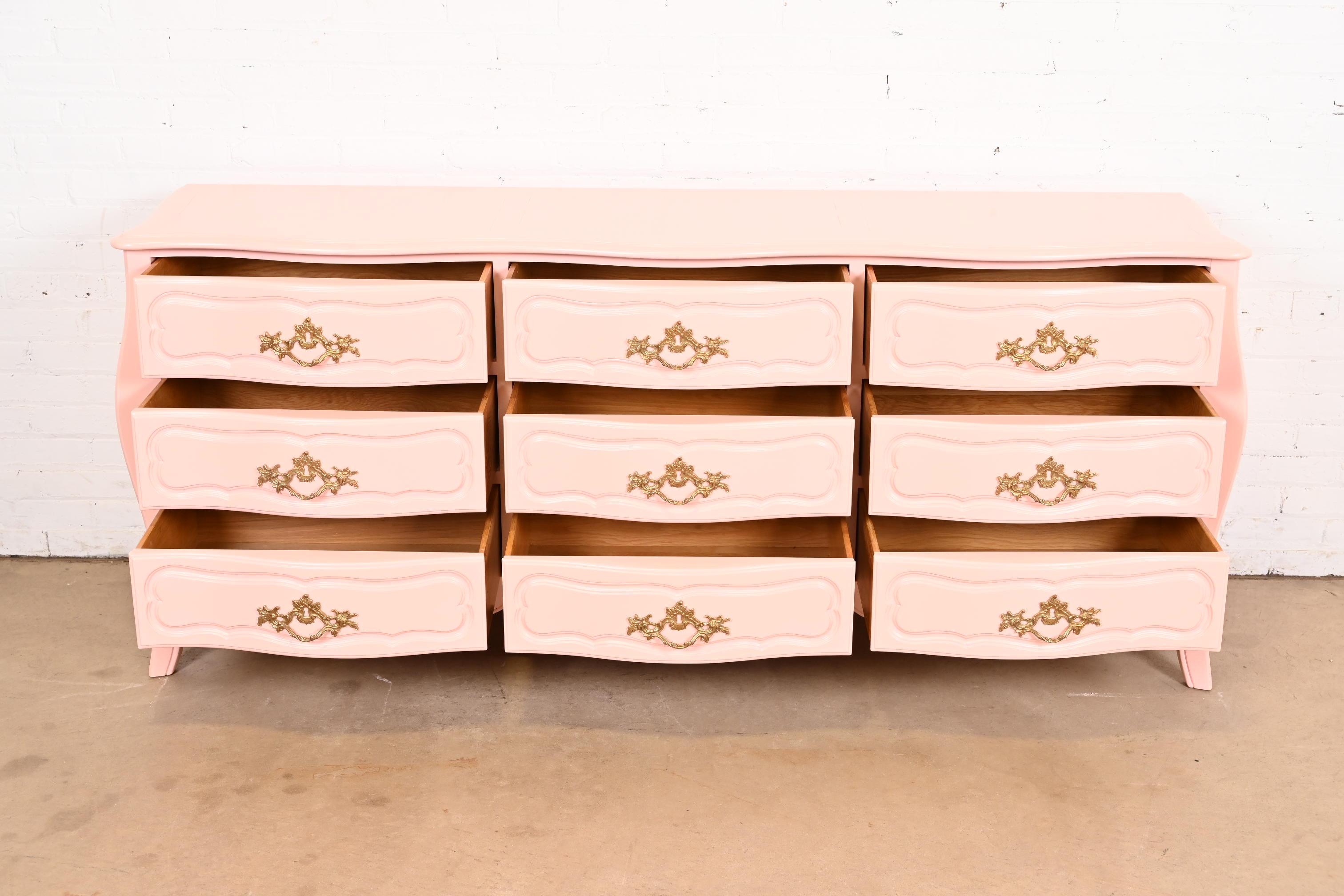 Mid-20th Century Baker Furniture French Provincial Louis XV Pink Lacquered Triple Dresser For Sale