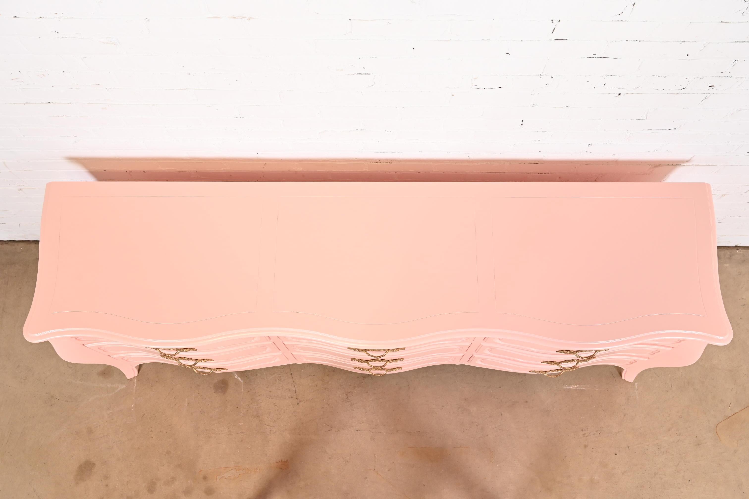 Baker Furniture French Provincial Louis XV Pink Lacquered Triple Dresser For Sale 3