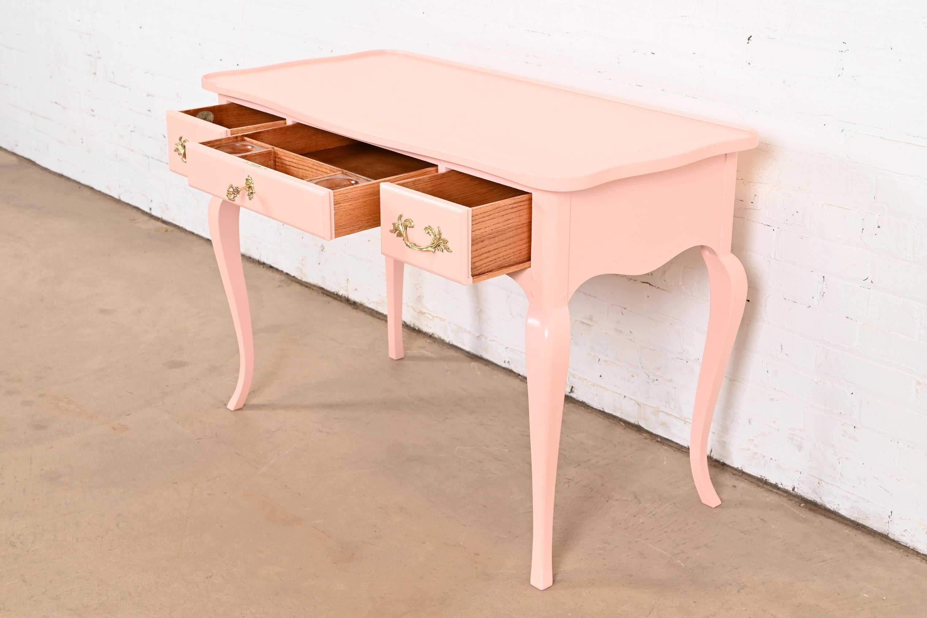 Brass Baker Furniture French Provincial Louis XV Pink Lacquered Writing Desk