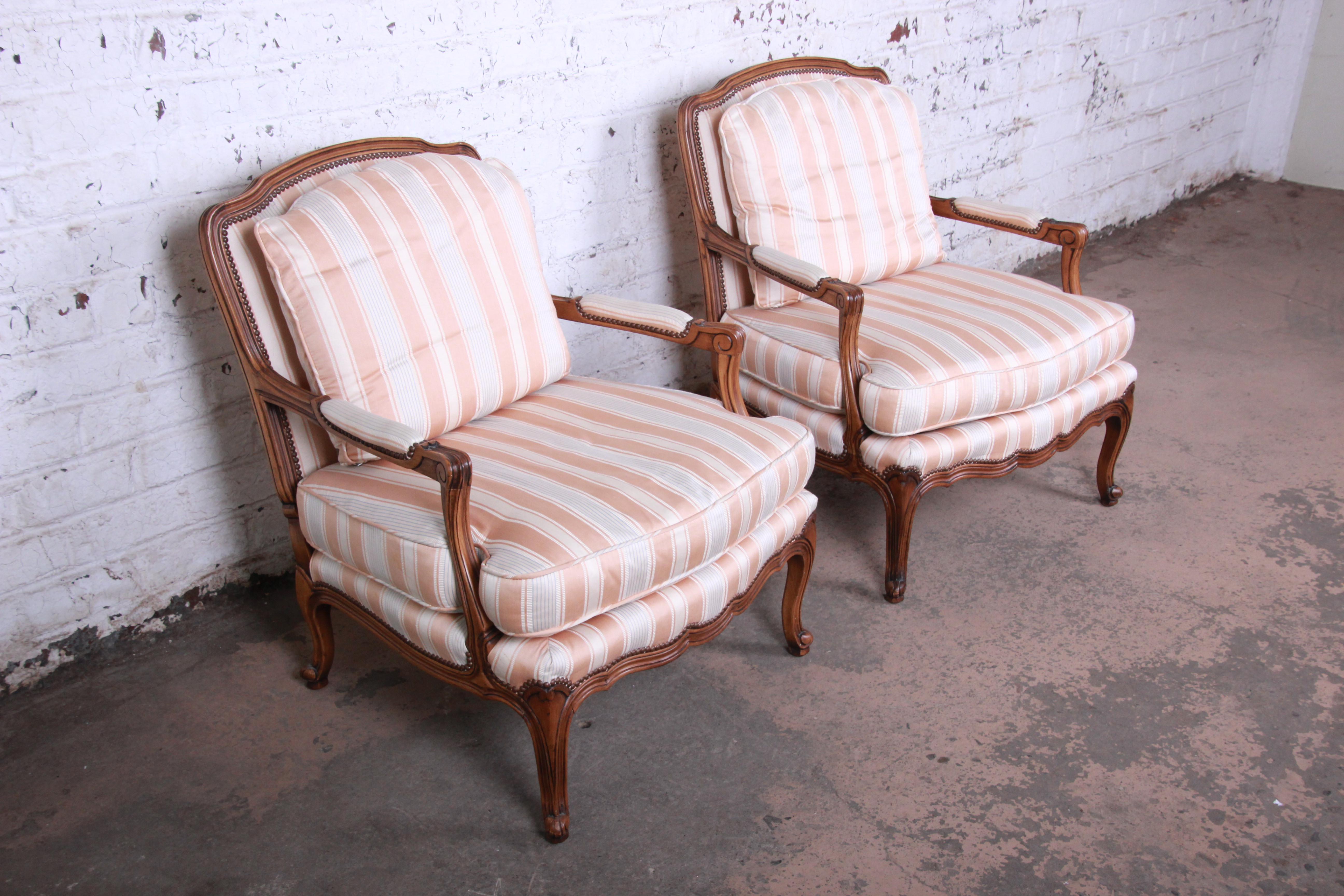 American Baker Furniture French Provincial Louis XV Style Bergère Chairs, Pair