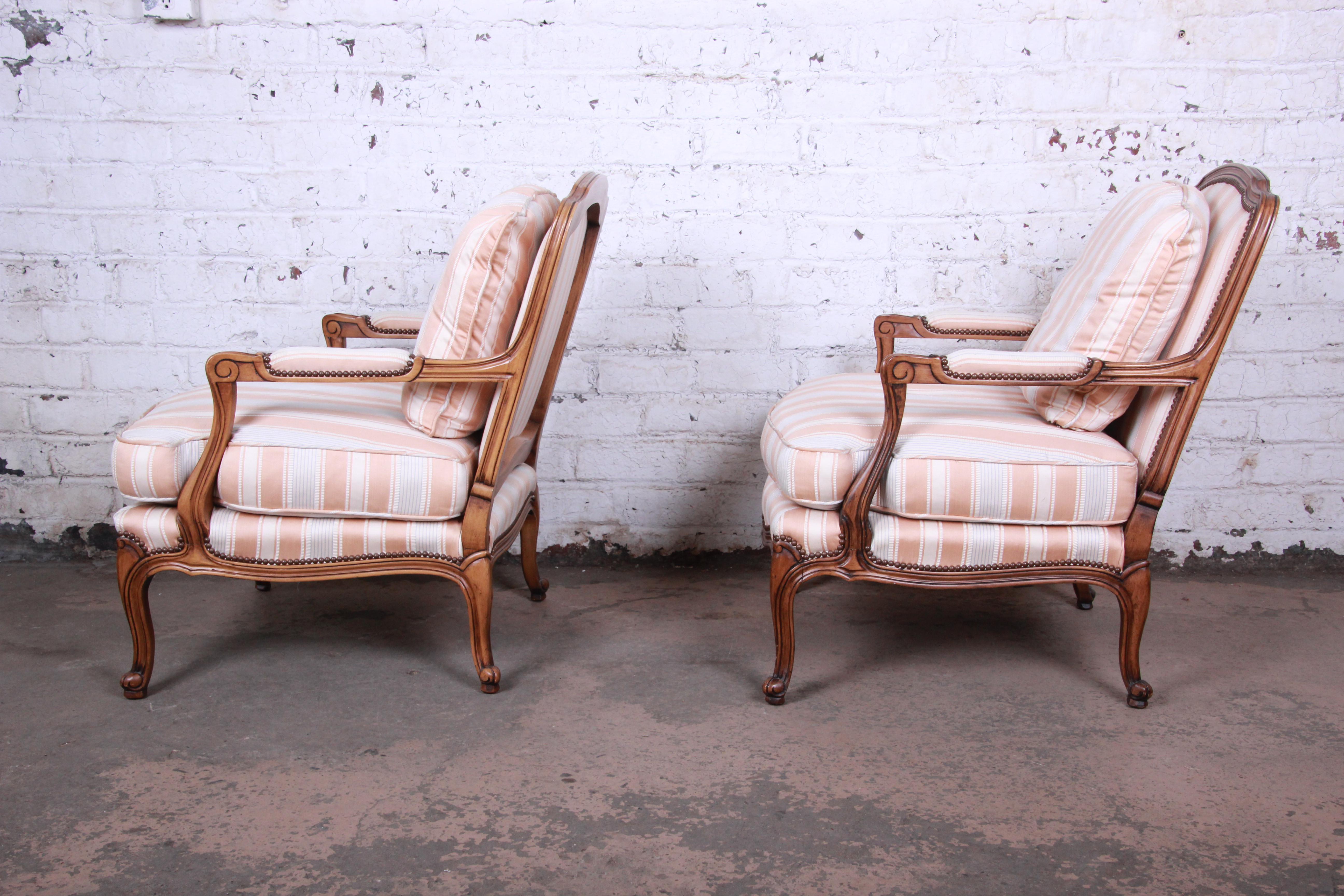 20th Century Baker Furniture French Provincial Louis XV Style Bergère Chairs, Pair