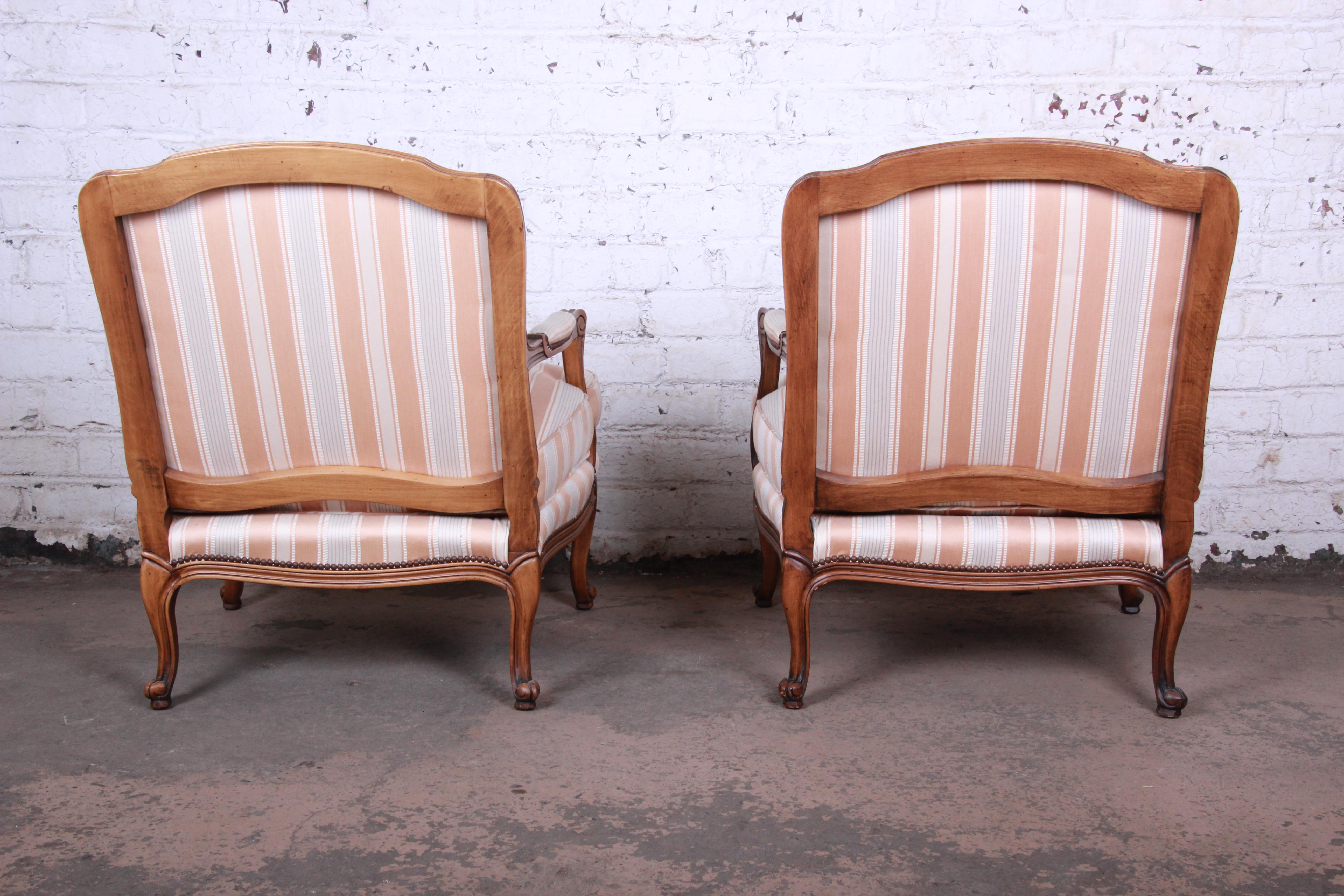 Upholstery Baker Furniture French Provincial Louis XV Style Bergère Chairs, Pair