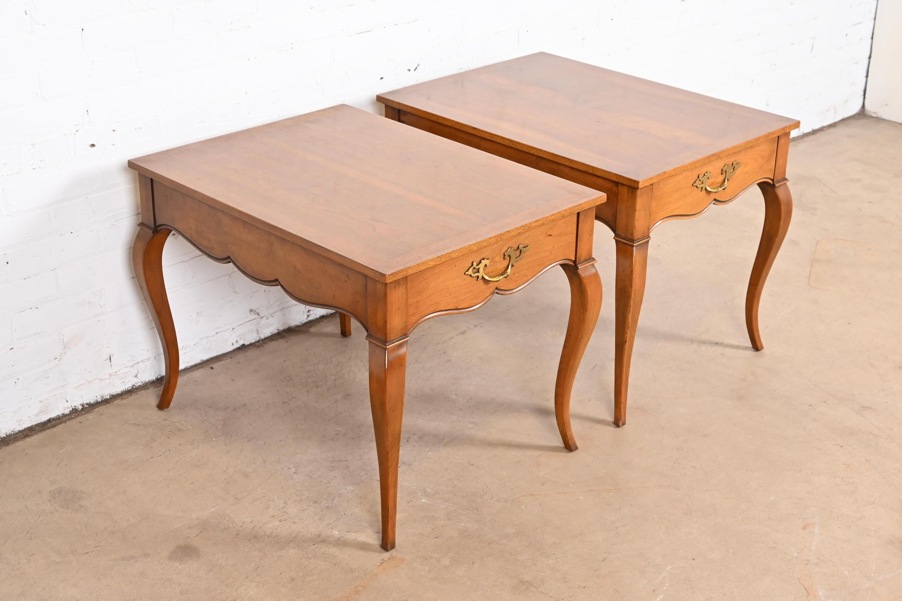 Brass Baker Furniture French Provincial Louis XV Walnut and Cherry Wood End Tables For Sale